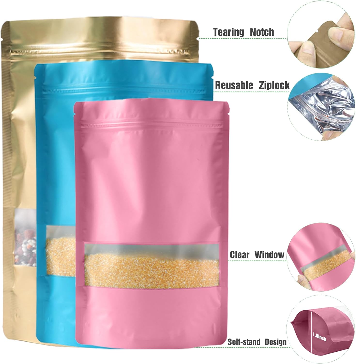 150 bolsas de almacenamiento de alimentos de pie con ventana, 4.7 x 7.8 pulgadas, rosa (50 unidades), 5.9 x 8.6 pulgadas, azul (50 unidades), 7.1 x