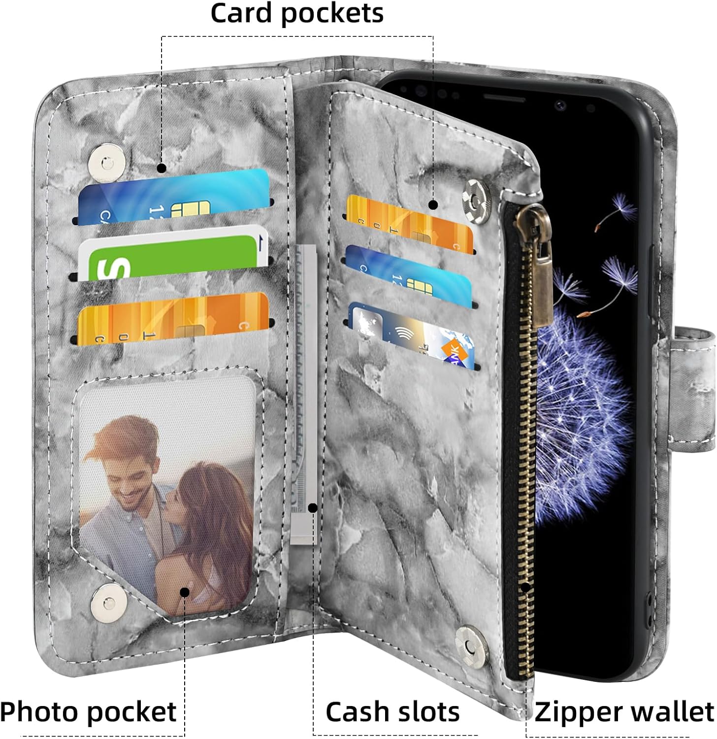 Asuwish Funda de teléfono para Samsung Galaxy S9 Plus con protector de pantalla de vidrio templado y soporte de ranura para tarjeta de crédito con