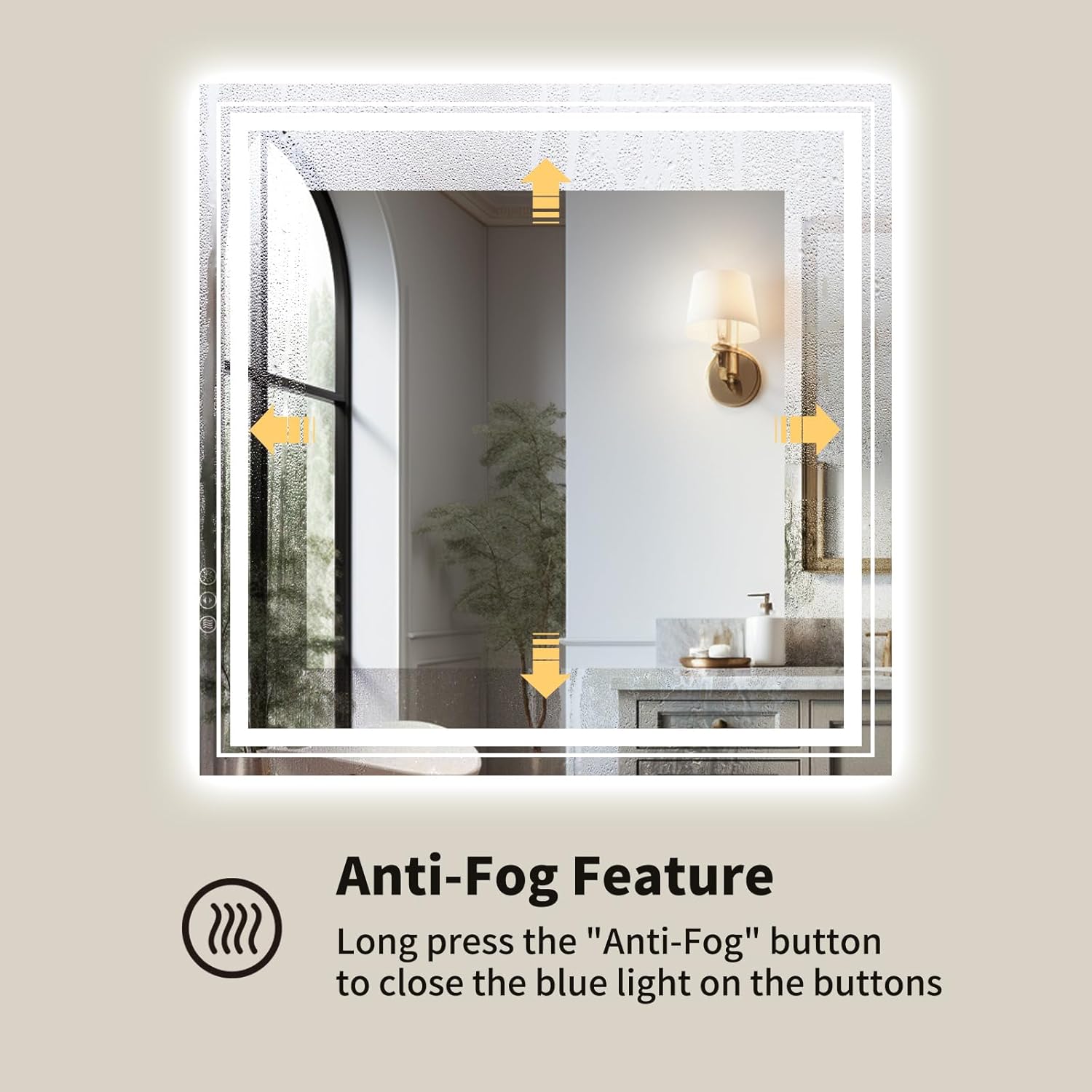 Espejo de baño LED de 32 x 32 pulgadas con retroiluminación y luz frontal, espejo LED regulable sin pasos para baño, espejo de tocador de baño con