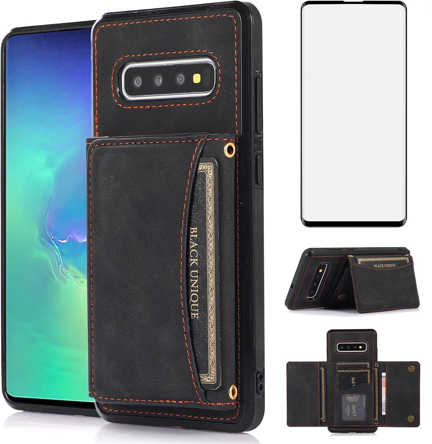 Asuwish Funda de teléfono para Samsung Galaxy S10 con protector de pantalla de vidrio templado y soporte de tarjeta de crédito de piel sintética,