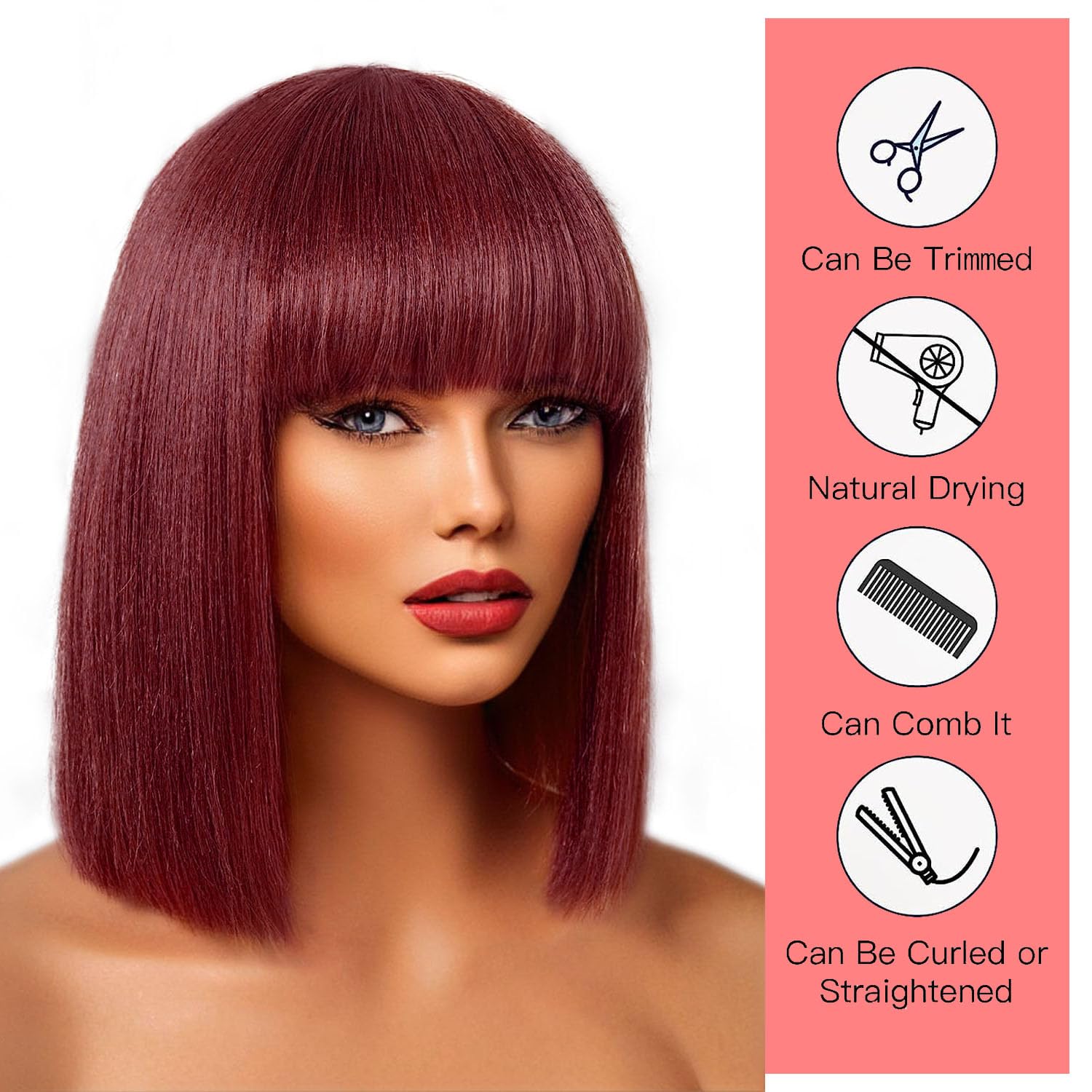 Mecry Yaki – Peluca de cabello humano lacio con flequillo, color borgoña #99J, densidad del 180%, sin pegamento, con flequillo, para mujeres, hecha