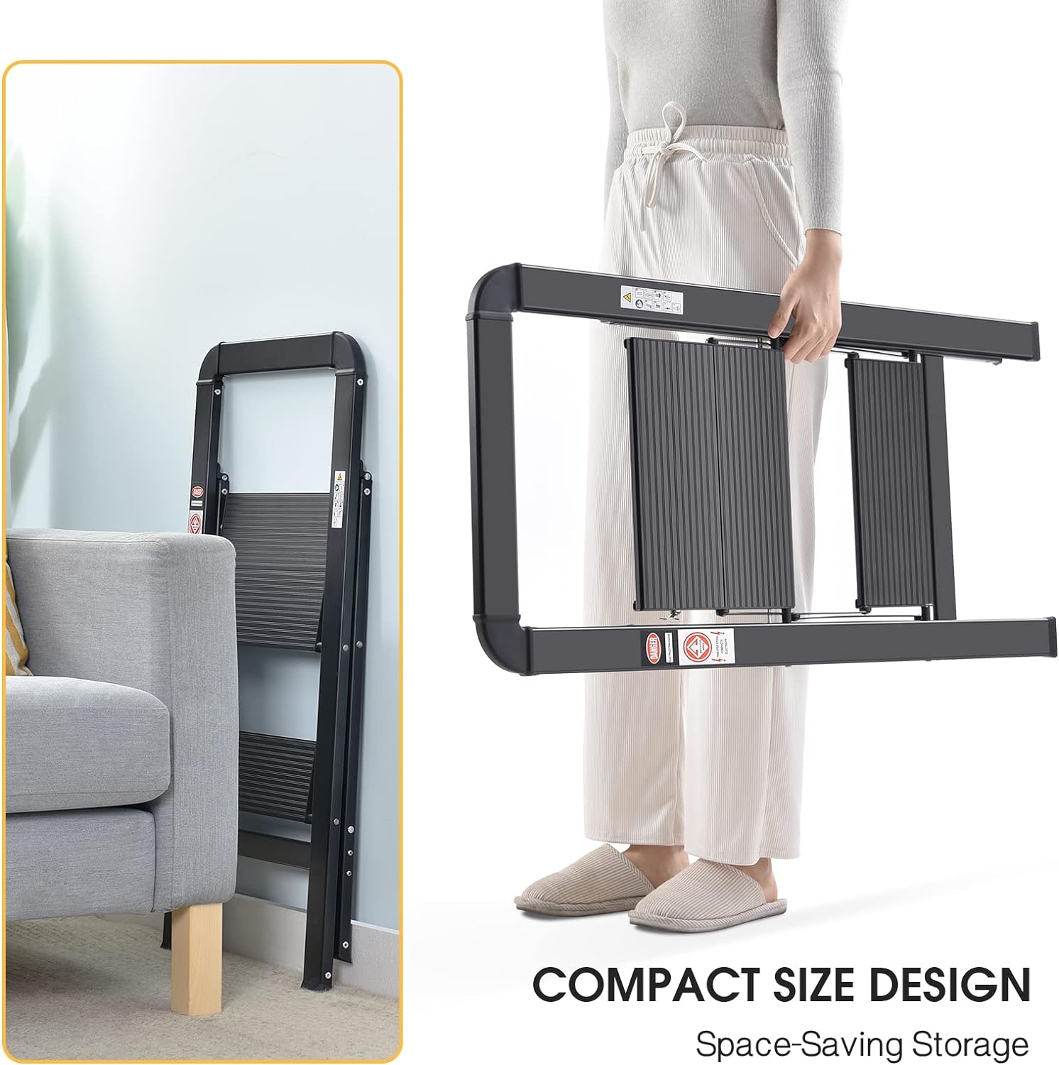 KINGRACK Escalera de escalón, 2 escalones, escalera plegable con pasamanos, escalera doméstica antideslizante con seguridad plegable, taburete de