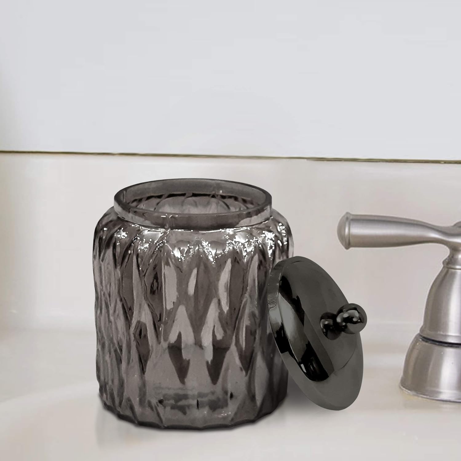 nu steel GLA328D-1 Glacier Collection – Frasco organizador de almacenamiento para encimera de baño, vidrio con acabado negro, para hisopos de