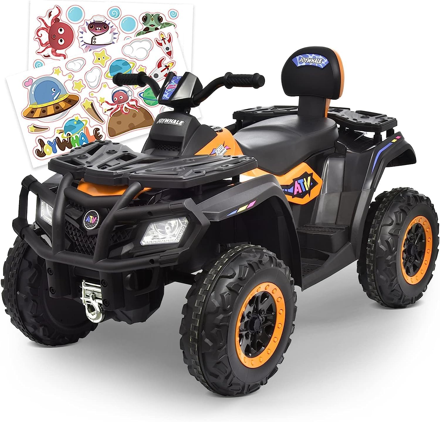 Joywhale ATV de 12 V y 2 plazas para niños de 3 a 8 años, con calcomanía de bricolaje, batería 7AH, suspensión de metal, faros brillantes, música,