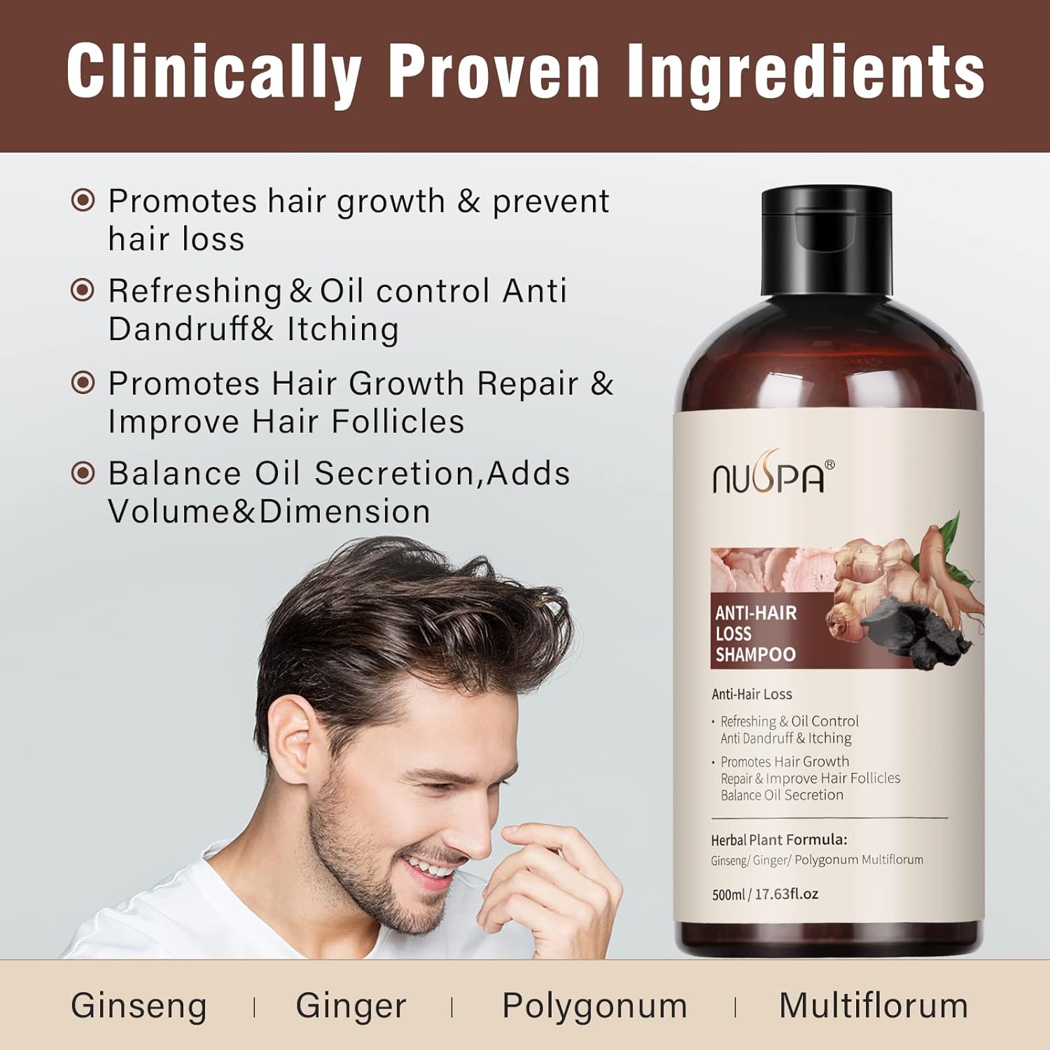 Champú para adelgazar el cabello 5 en 1, lavado de cabello orgánico 100% natural infundido con jengibre, ginseng, Polygonum Multiflorum, tratamiento