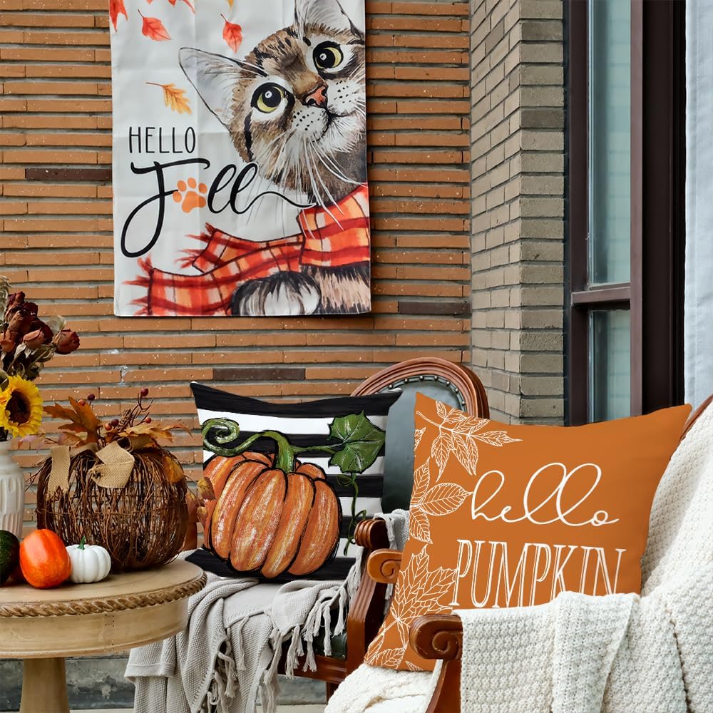 Juego de 4 fundas de almohada decorativas de otoño de 20 x 20 pulgadas, diseño de rayas de hojas de arce con diseño de calabaza de Hello para