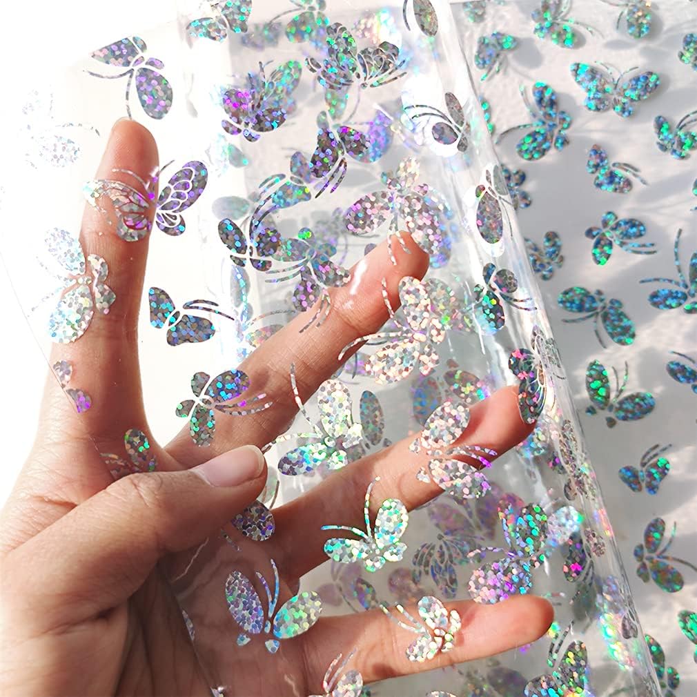 HYANG – Hojas de piel sintética de vinilo holográfico transparente de cloruro de polivinilo con mariposas transparentes, 1 rollo de 12 x 53 pulgadas