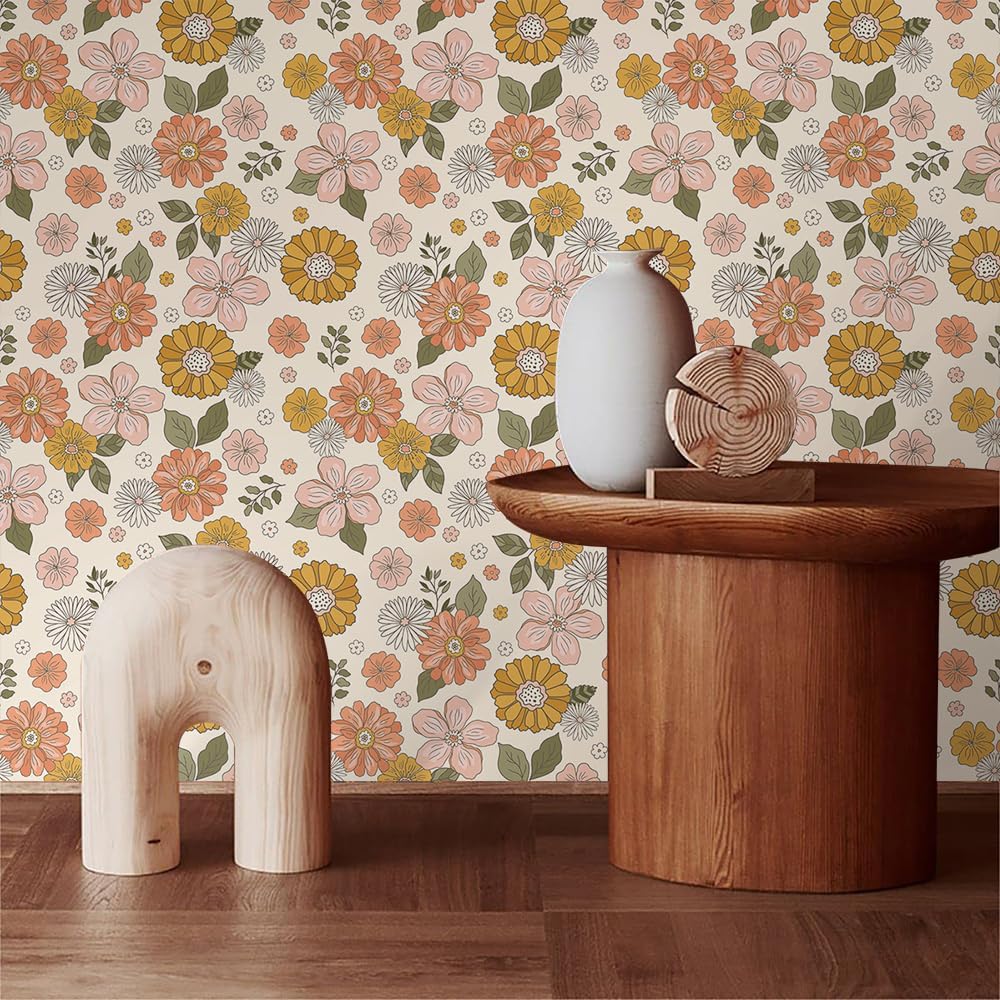 Papel tapiz bohemio naranjacrema con margaritas florales para despegar y pegar, fácil de despegar, vintage, autoadhesivo, extraíble, para armario de