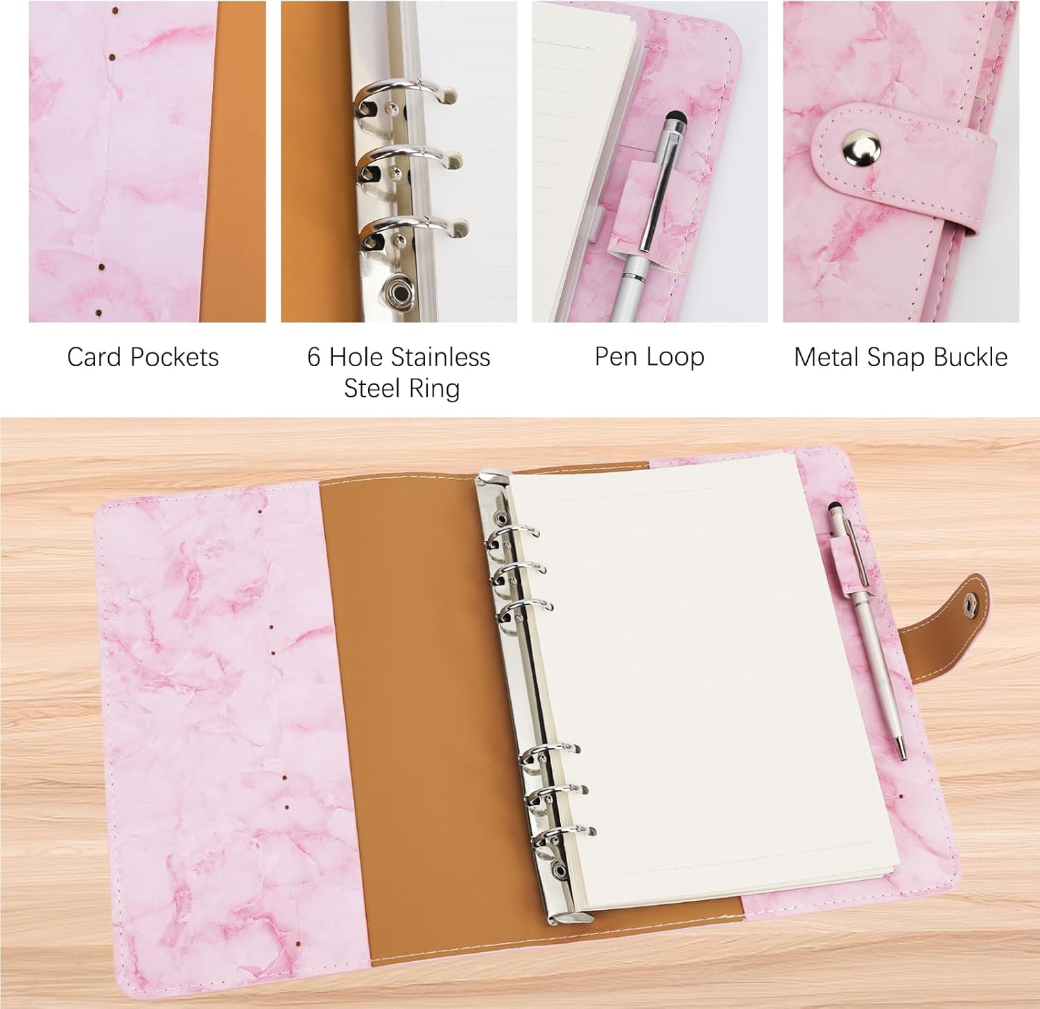 FYY Carpeta de cuero A5 con 6 anillas, cuaderno recargable A5 con bolsillos para carpeta, divisores A5, papel de repuesto A5, carpeta de viaje de
