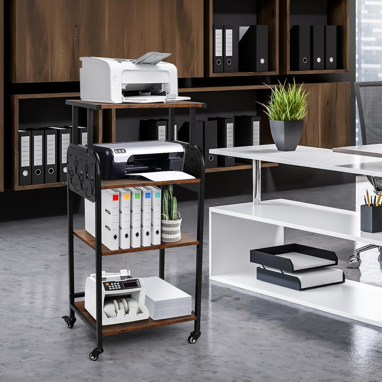 Soporte de impresora de 4 niveles con ruedas, estante grande con altura ajustable, organización de almacenamiento multiusos para oficina en casa,