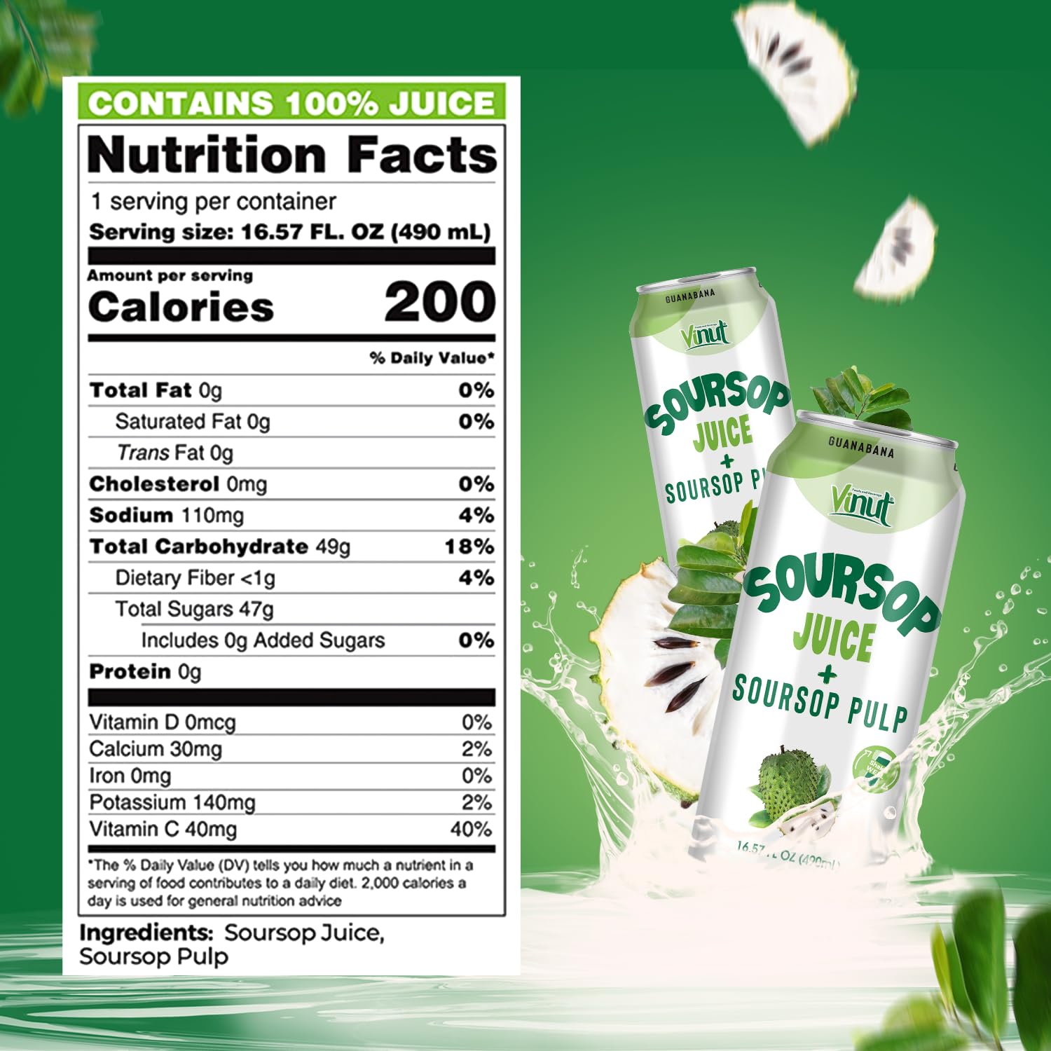 Vinut 100% jugo de guanábana con pulpa (16.57 onzas líquidas, paquete de 12), sin azúcar añadido, bebida de graviola de guanábana guanábana real,