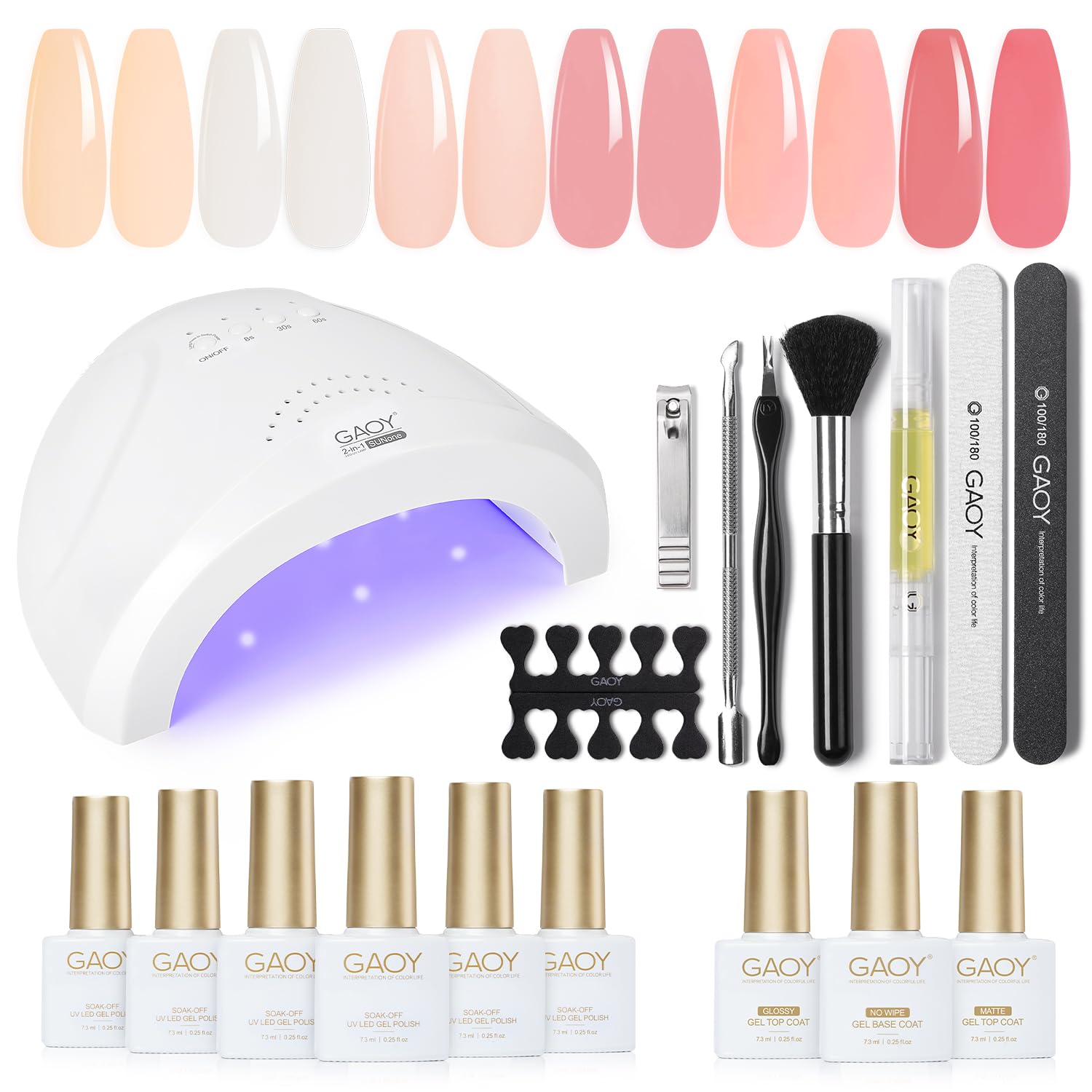 GAOY Kit de esmalte de uñas de gel con luz UV, 6 colores blanco lechoso x gelatina nude esmalte de gel con capa superior brillante y mate y capa