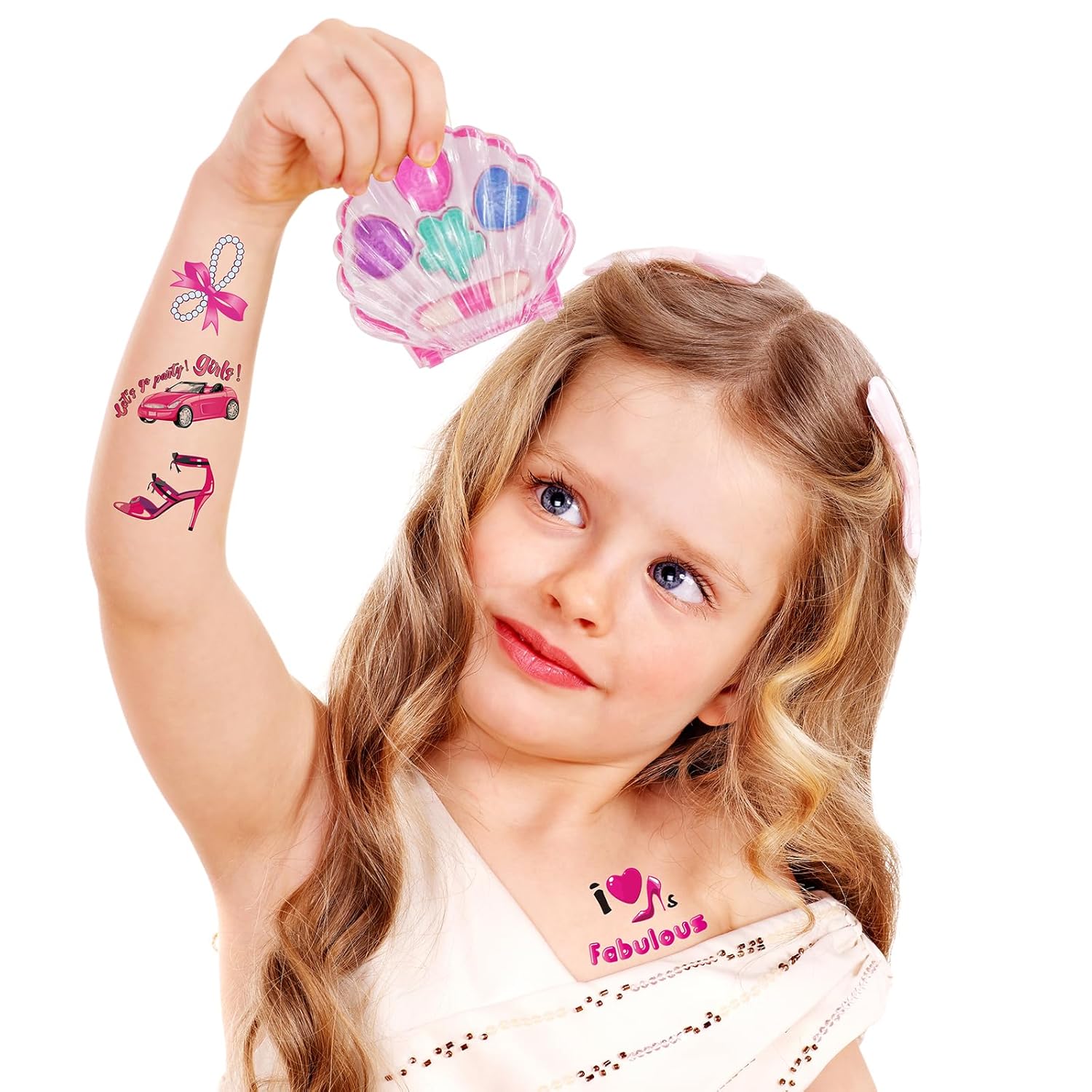 90 tatuajes temporales para niños + 1 juego de maquillaje para niños, recuerdos de fiesta, bonitas decoraciones, kit de calcomanías impermeables y