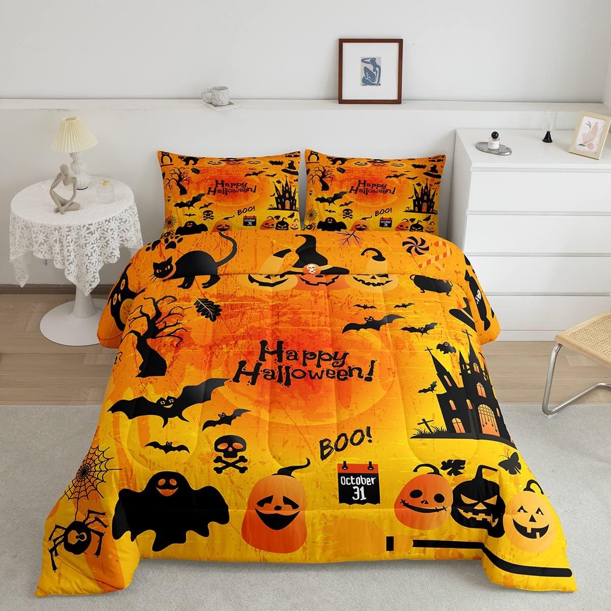 Juego de edredón con temática de Halloween para niños, ropa de cama de 3 piezas para adolescentes, niños y niñas, divertido juego de edredón de