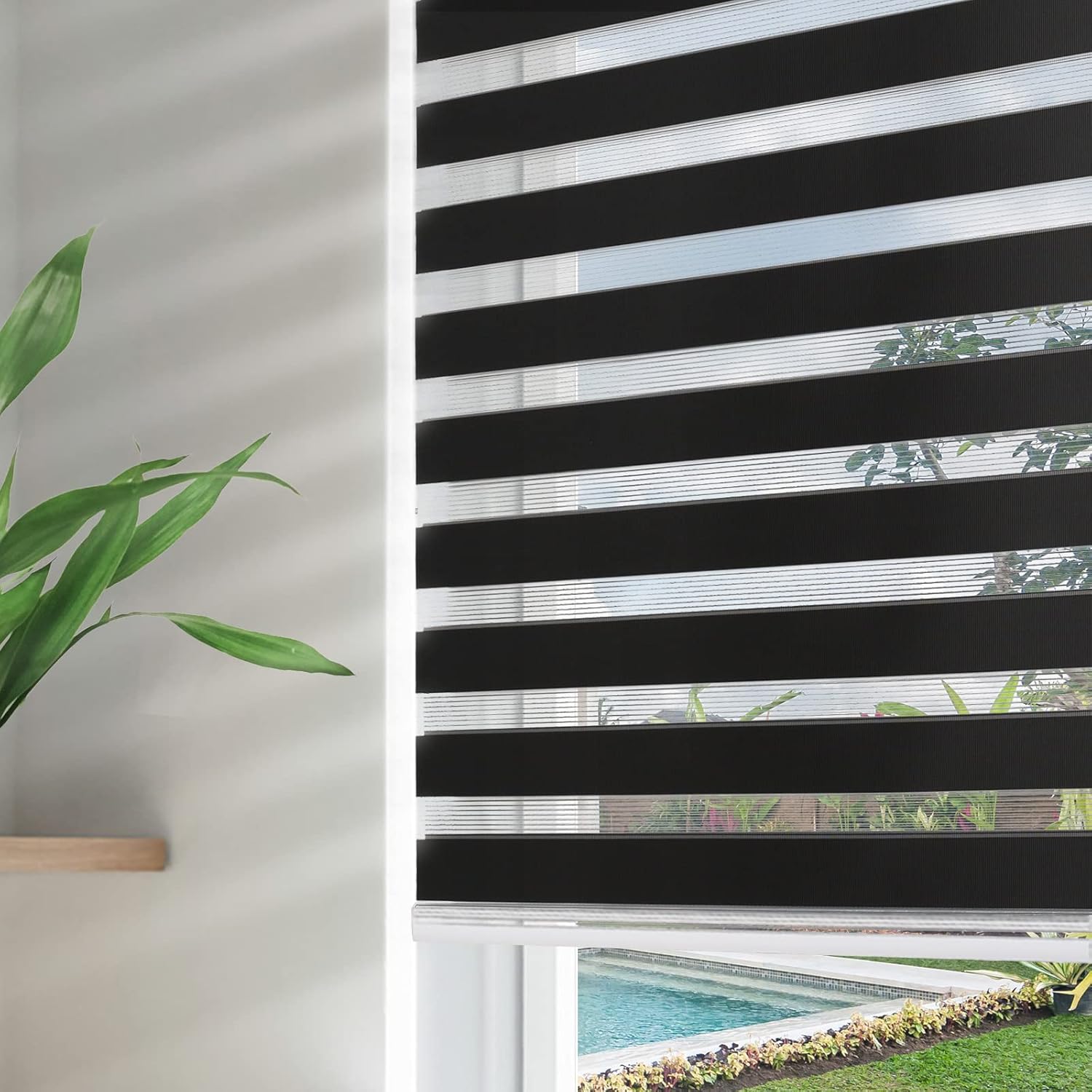 Joydeco Persianas sin cordones estilo cebra para ventanas, 35 pulgadas de ancho, cortinas enrollables traslúcidas de doble capa para filtrar la luz,