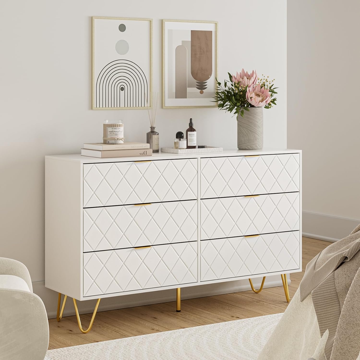 Aobafuir Cómoda de 6 cajones, cajón, armario de almacenamiento alto con patas de metal, cómoda grande para dormitorio, sala de estar, armario,