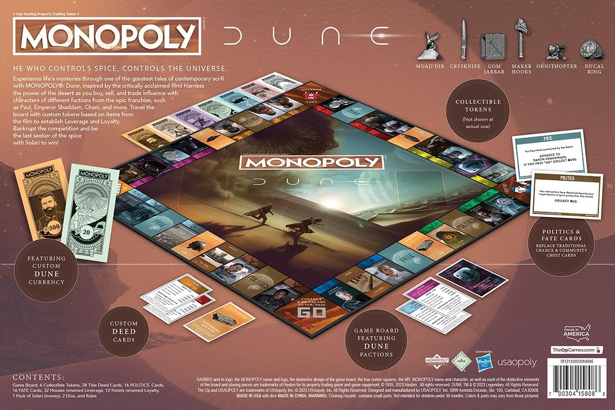 Monopoly Dune  Juega como The Ducal Ring, Crysknife, Gom Jabbar y más  Juego coleccionable con licencia oficial basado en The Movie Dune