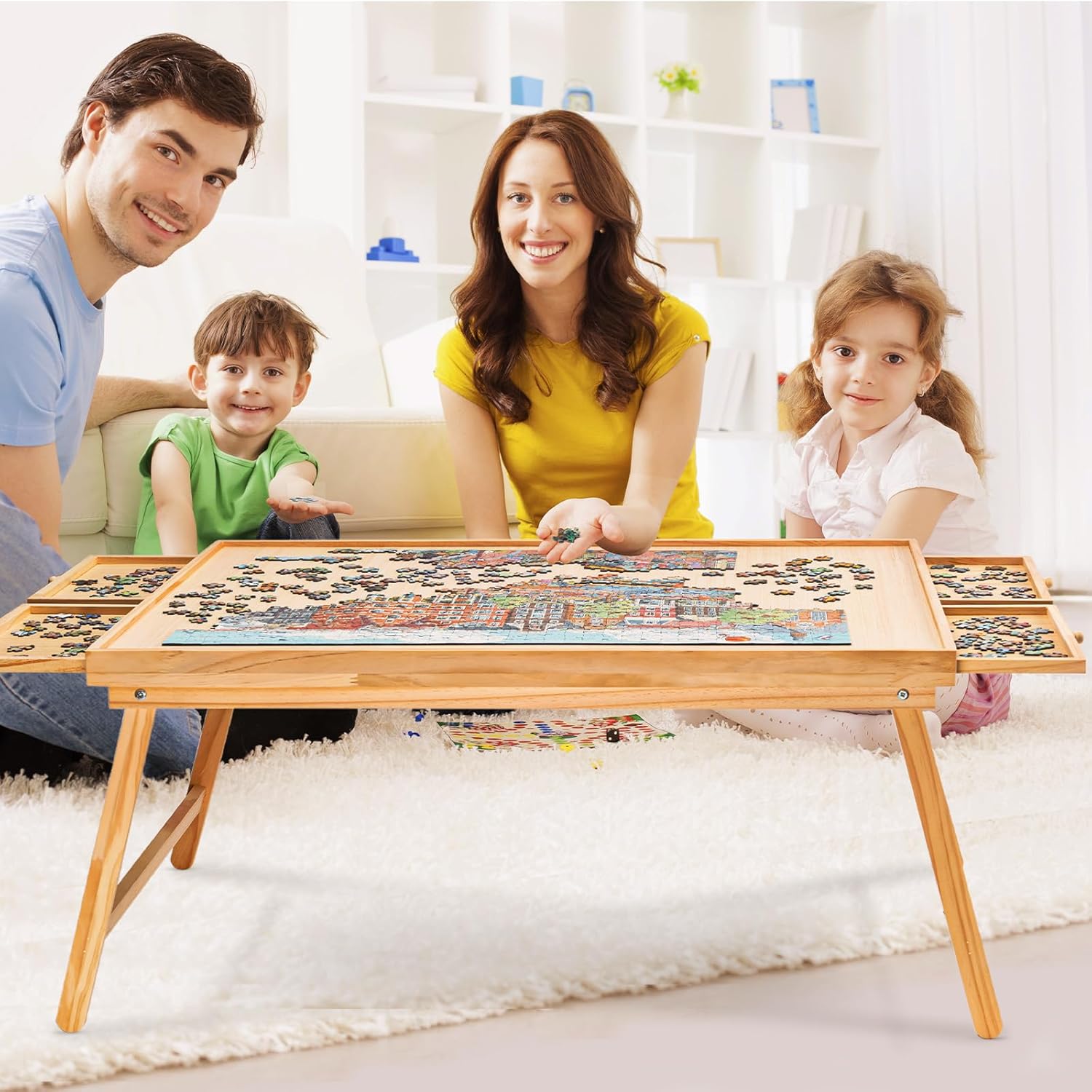 Mesa de rompecabezas portátil plegable de 1500 piezas con 4 cajones, tablero de rompecabezas de madera de 34 x 26 pulgadas con patas y cubierta