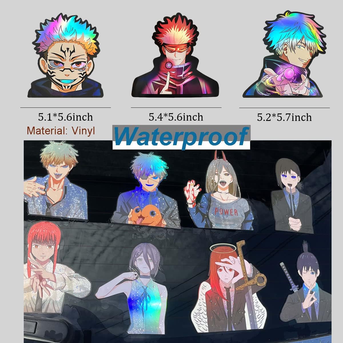 Paquete de 3 calcomanías de anime para automóvil, holográficas, impermeables, calcomanías de anime para automóviles, motocicletas, laptop, maletero,