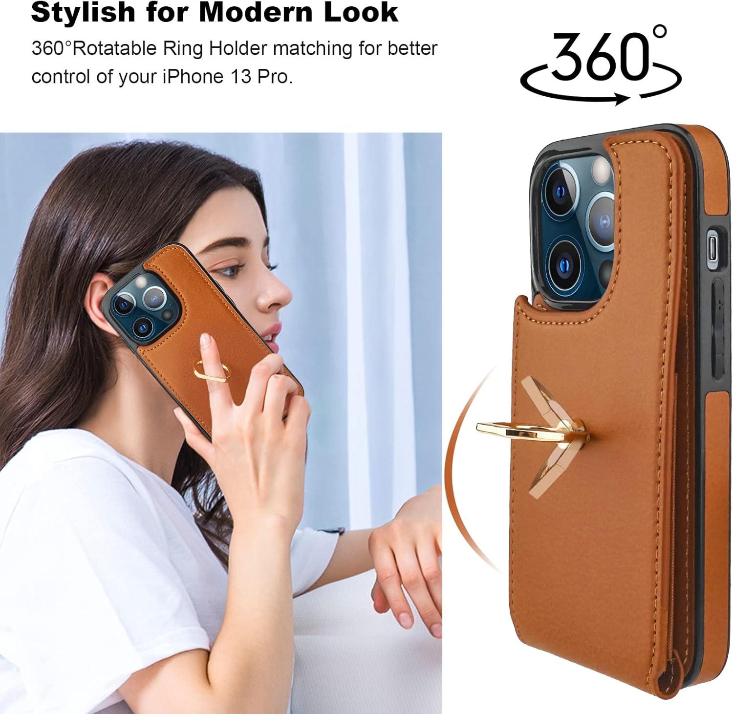 Folosu Funda compatible con iPhone 13 Pro con soporte para tarjetas, rotación de 360, soporte de anillo de dedo con función atril, protección RFID,