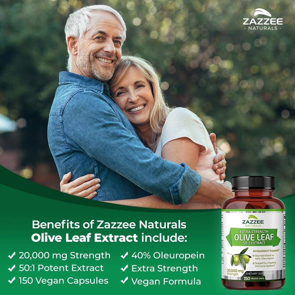 Zazzee Extracto de hoja de olivo extra fuerte 501, 20,000 mg de fuerza, 40% de oleuropeína, 150 cápsulas veganas, suministro de 5 meses, extracto