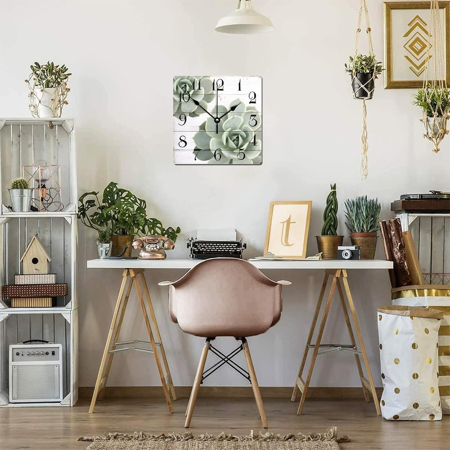 Reloj de pared cuadrado de madera con plantas suculentas, duradero, funciona con pilas, reloj de pared de madera antigua para dormitorio, cocina,