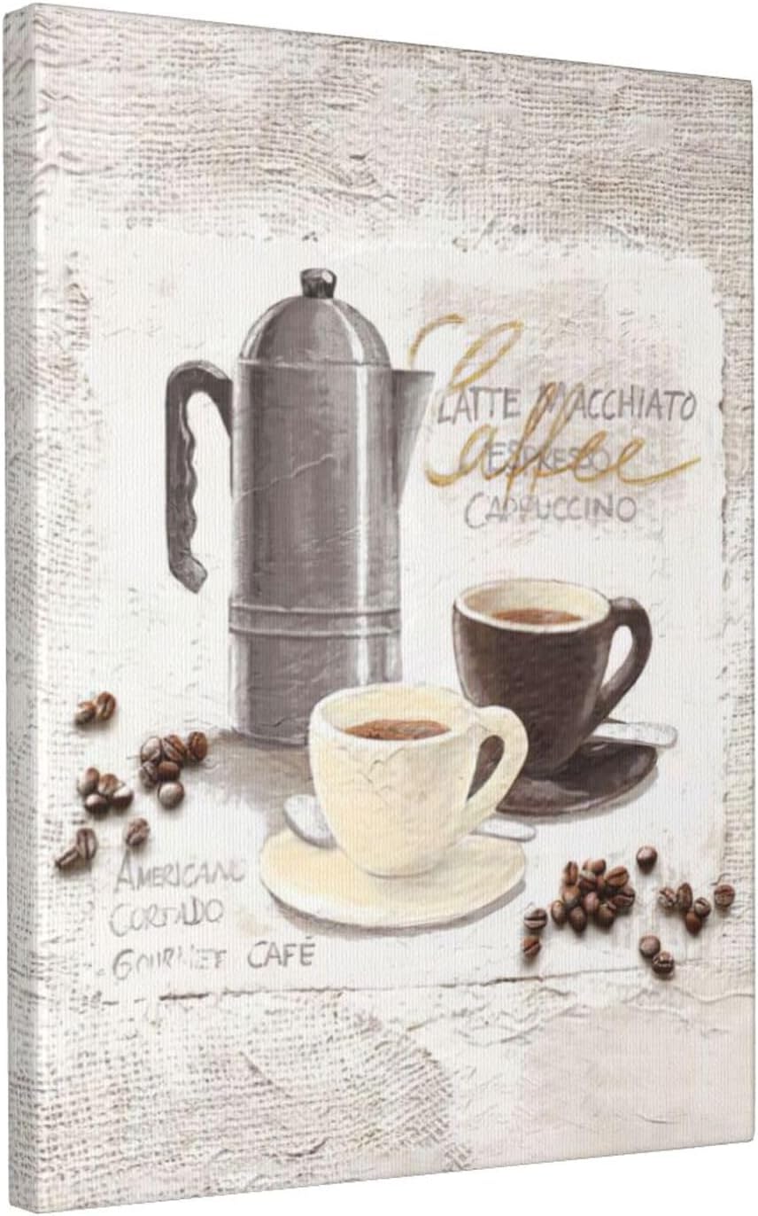 Arte de pared de café en grano de café, taza de café, cuadros para decoración de pared, pintura rústica, cocina, café, lienzo, impresiones en