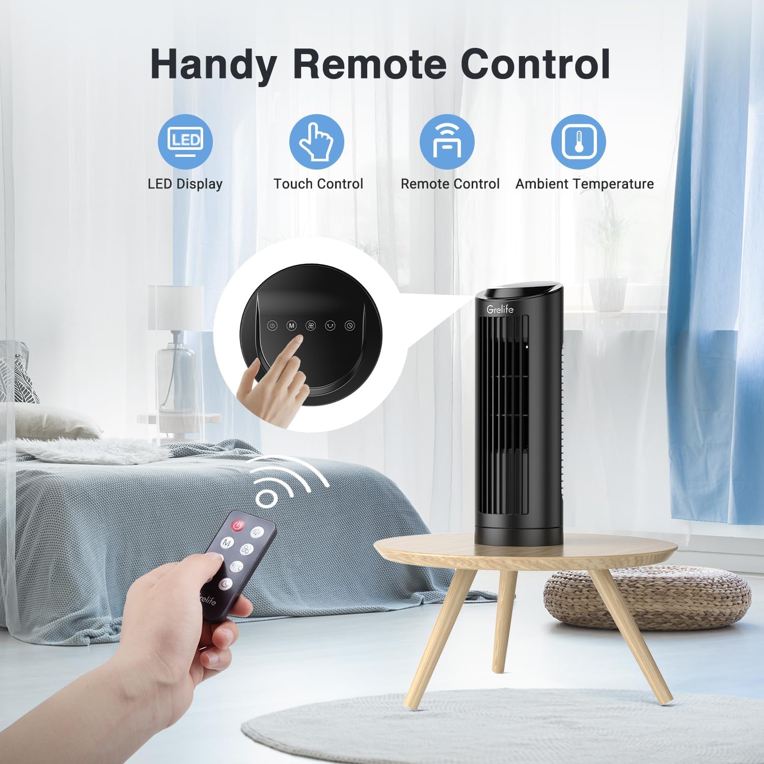 Grelife Ventilador de torre de 13 pulgadas, ventilador de escritorio sin aspas con oscilación de 70, 3 velocidades, 4 modos de viento, pantalla