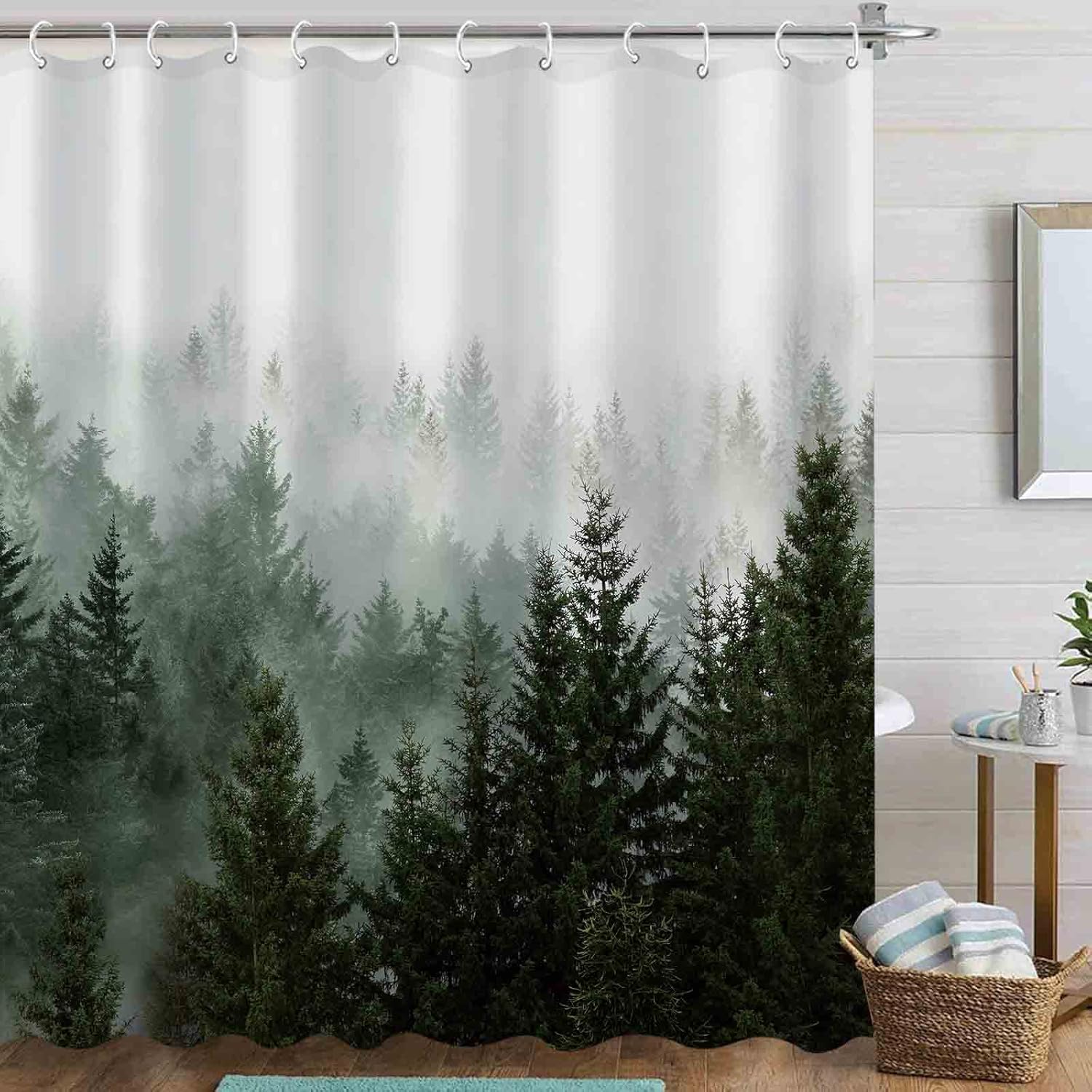 Cortina de ducha verde con diseño de bosque brumoso, juego de cortinas de ducha impermeables de tela verde oscuro para decoración de baño con 12