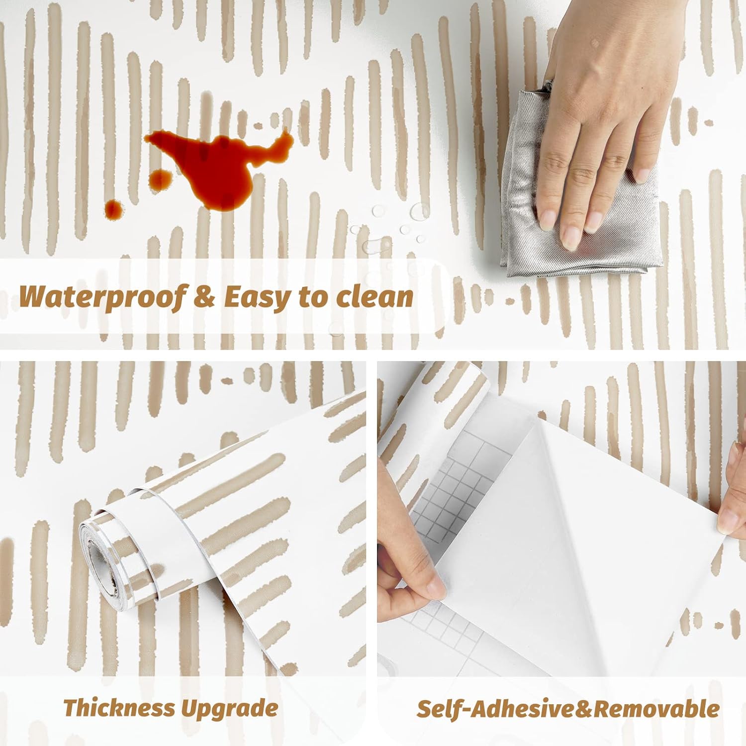 WENMER Papel tapiz geométrico para despegar y pegar de 17.3 x 1181 pulgadas, papel tapiz a rayas beige, autoadhesivo, extraíble, papel tapiz