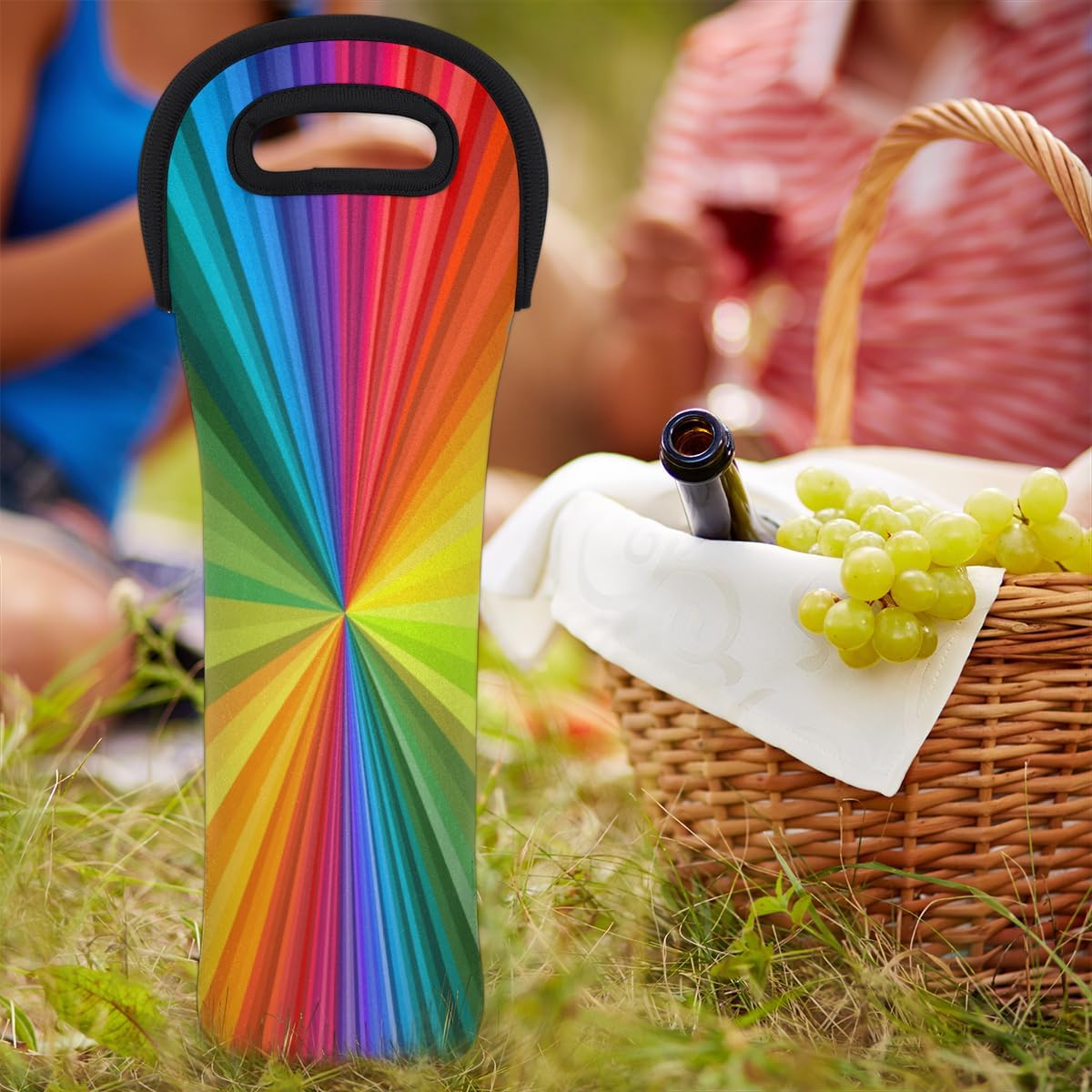 Bolsa de vino colorido arco iris teñido anudado 5.1 x 15.6 pulgadas neopreno bolsa de vino reutilizable 25.4 fl oz botella individual vino portador