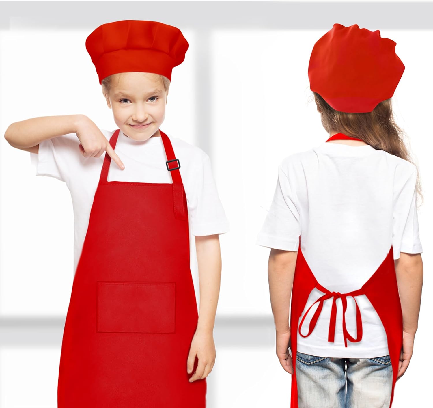 Kids Apron and Chef Hat Set Bulk Childrens Bib with 2 Pockets Adjustable for Boys Girl’s Cooking Baking Painting