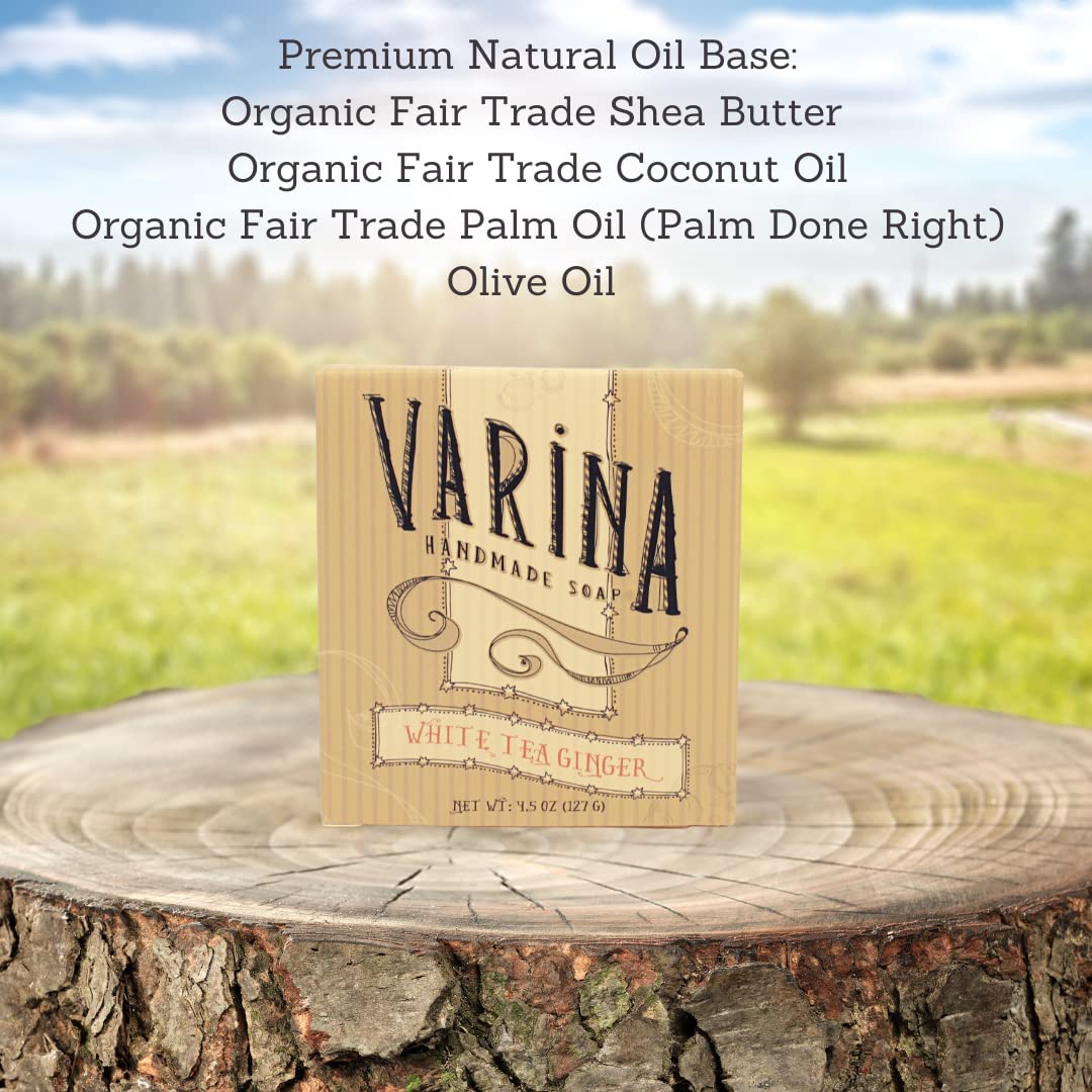Varina Jabón en barra de jengibre de té blanco natural, limpieza suave para pieles sensibles, floral, paquete de 3, experimenta una piel sana y
