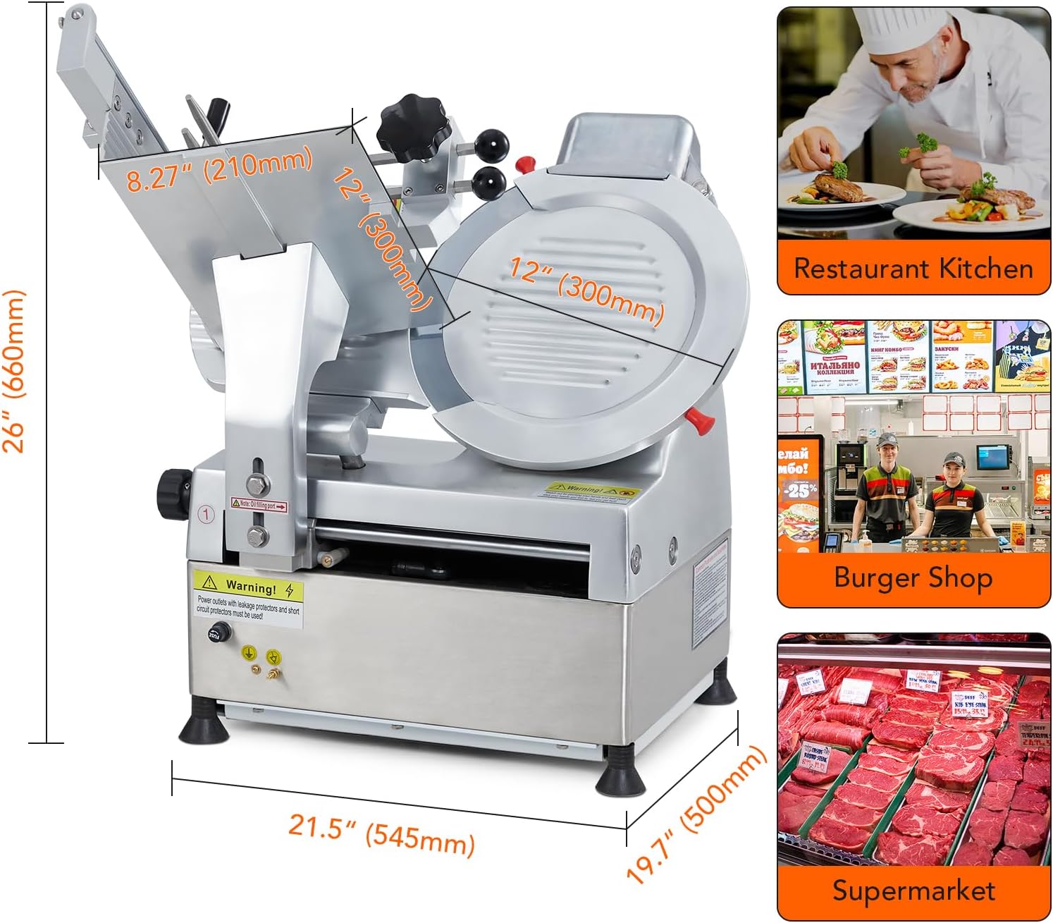 Towallmark Cortadora automática de carne, cortador de delicatessen de 550 W con hoja de acero al carbono de 12 pulgadas, máquina cortadora de carne