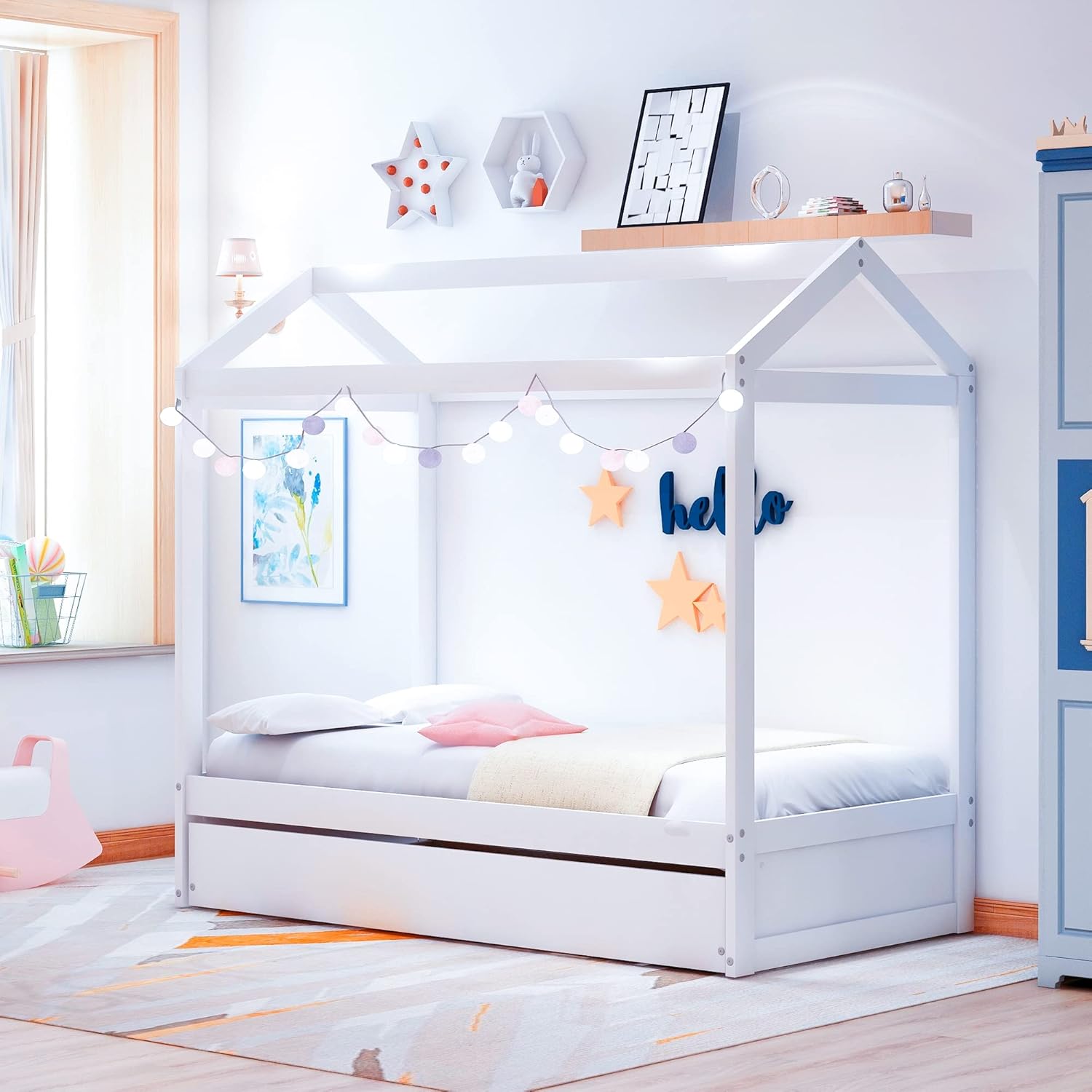 Harper & Bright Designs Cama individual de casa para niños, marco de cama de tamaño individual con nido y techo, cama de casa de juegos para niños,