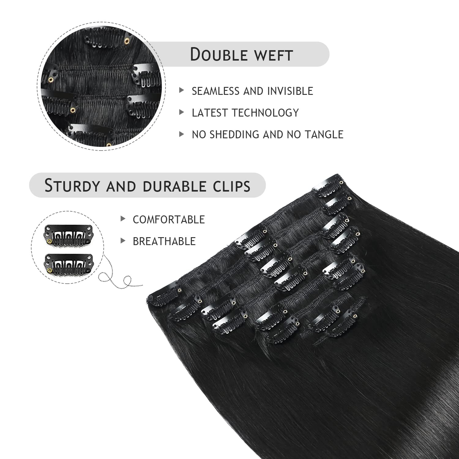 YILITE Extensiones de cabello con clip, color negro azabache, 100 % cabello humano real, 8 unidades por paquete, 3.53 oz, extensiones de cabello