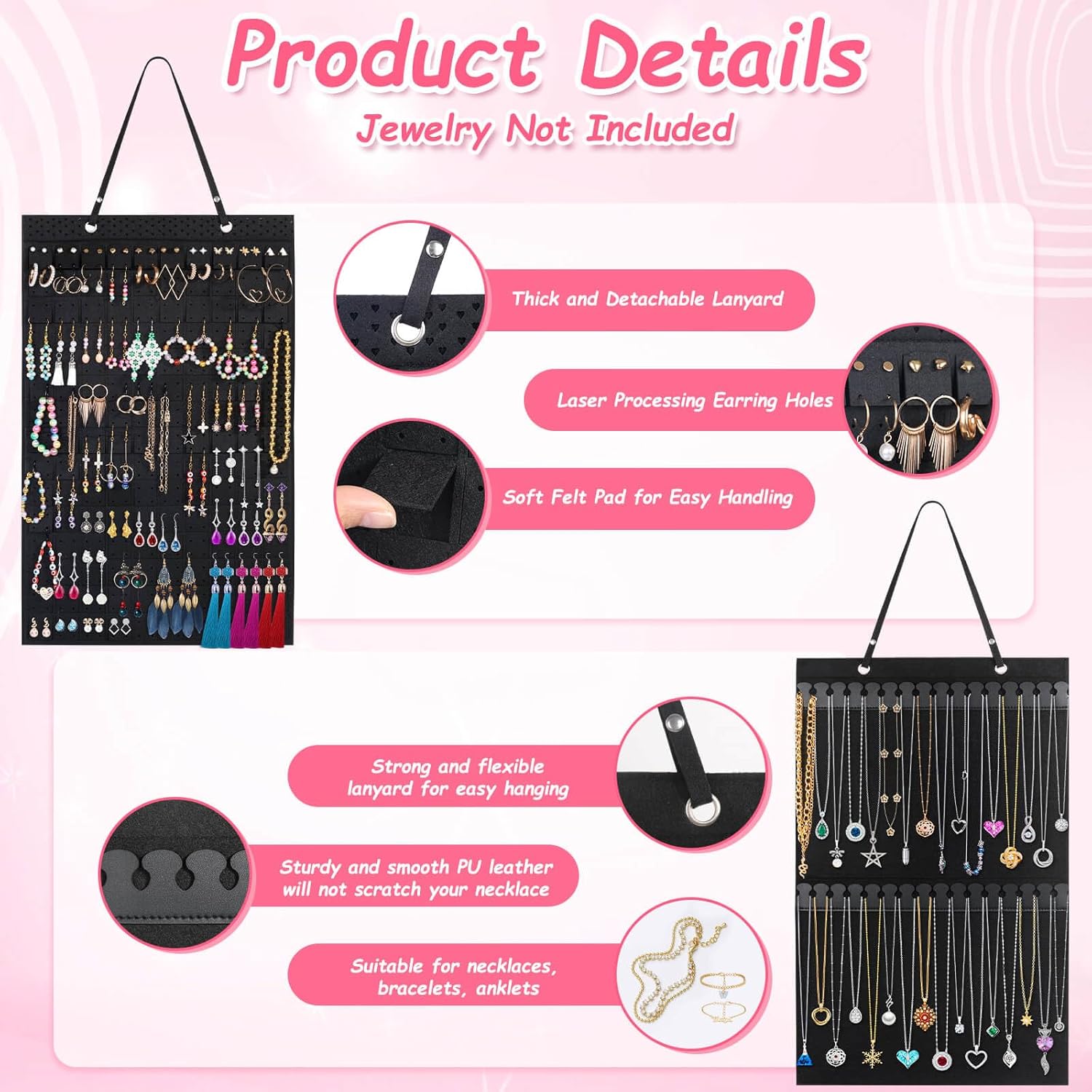 shynek Paquete de 2 organizadores colgantes para joyas, incluye soporte para collares y aretes organizador para collares, aretes, pulseras y