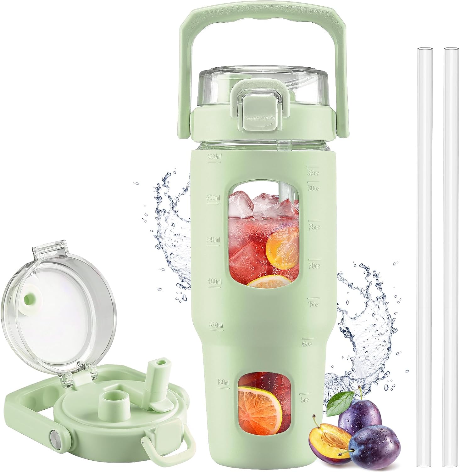 BLUEGO Botella de agua de vidrio de 32 onzas con popote y tapa, botella de agua potable de vidrio con asa, taza de café helado con marcador de