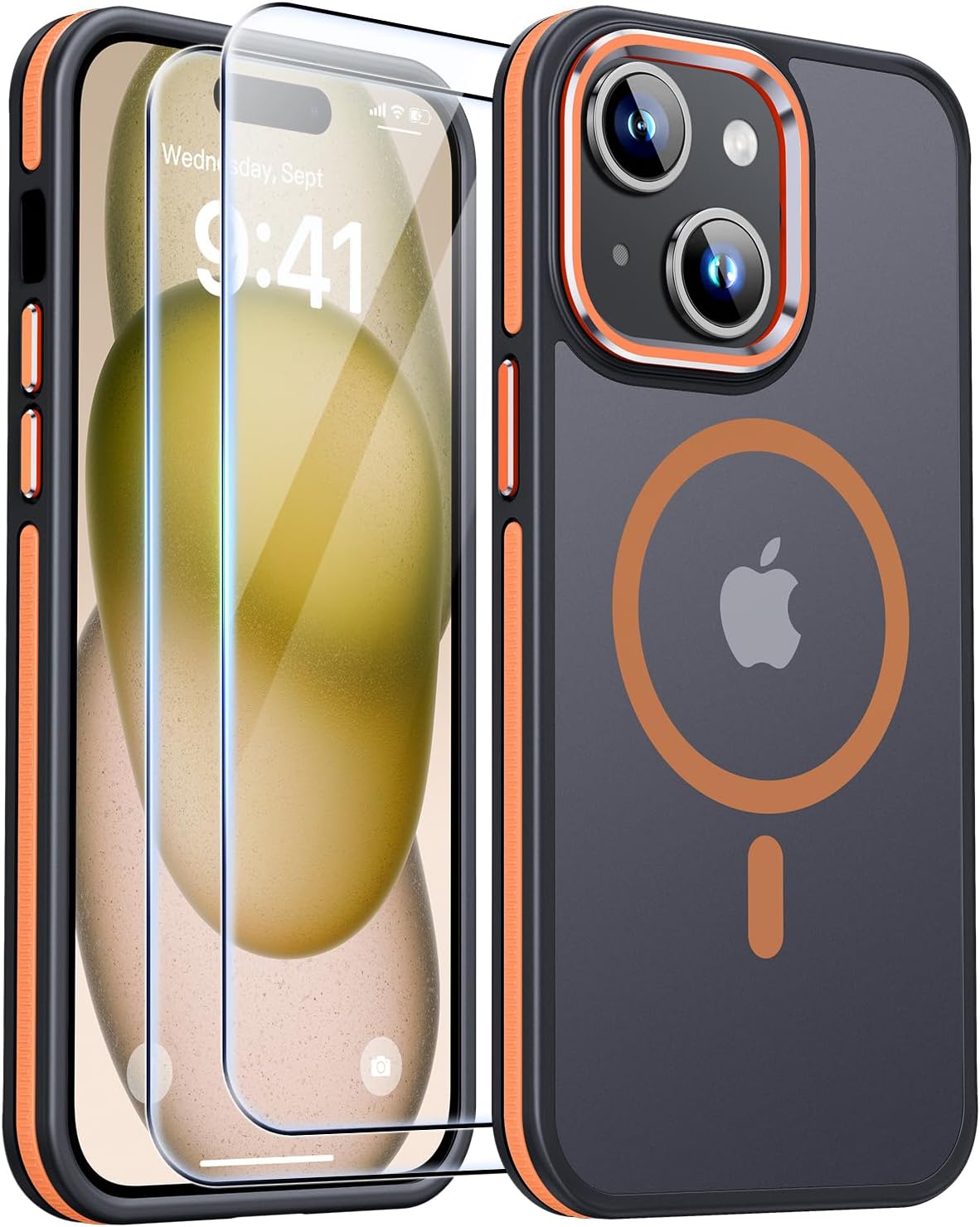 JAME Funda para iPhone 15, iPhone 15 con 2 protectores de pantalla de vidrio templado, compatible con Magsafe, protección de grado militar, funda