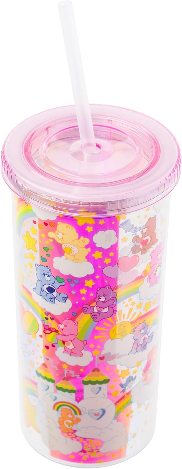 Silver Buffalo Care Bears – Vaso alto de plástico iridiscente con tapa y pajilla, con Funshine Bear, Grumpy Bear, Cheer Bear, Tenderheart Bear, 20