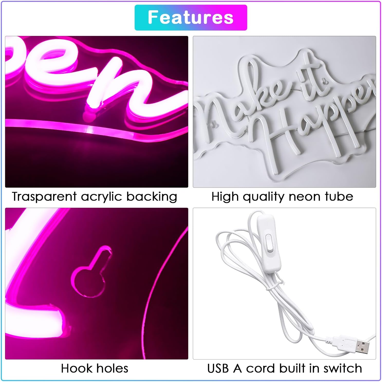 Letrero de neón con texto en inglés Make It Happen con luz LED rosa para decoración de pared, letras USB, luz de neón para interiores, dormitorio,