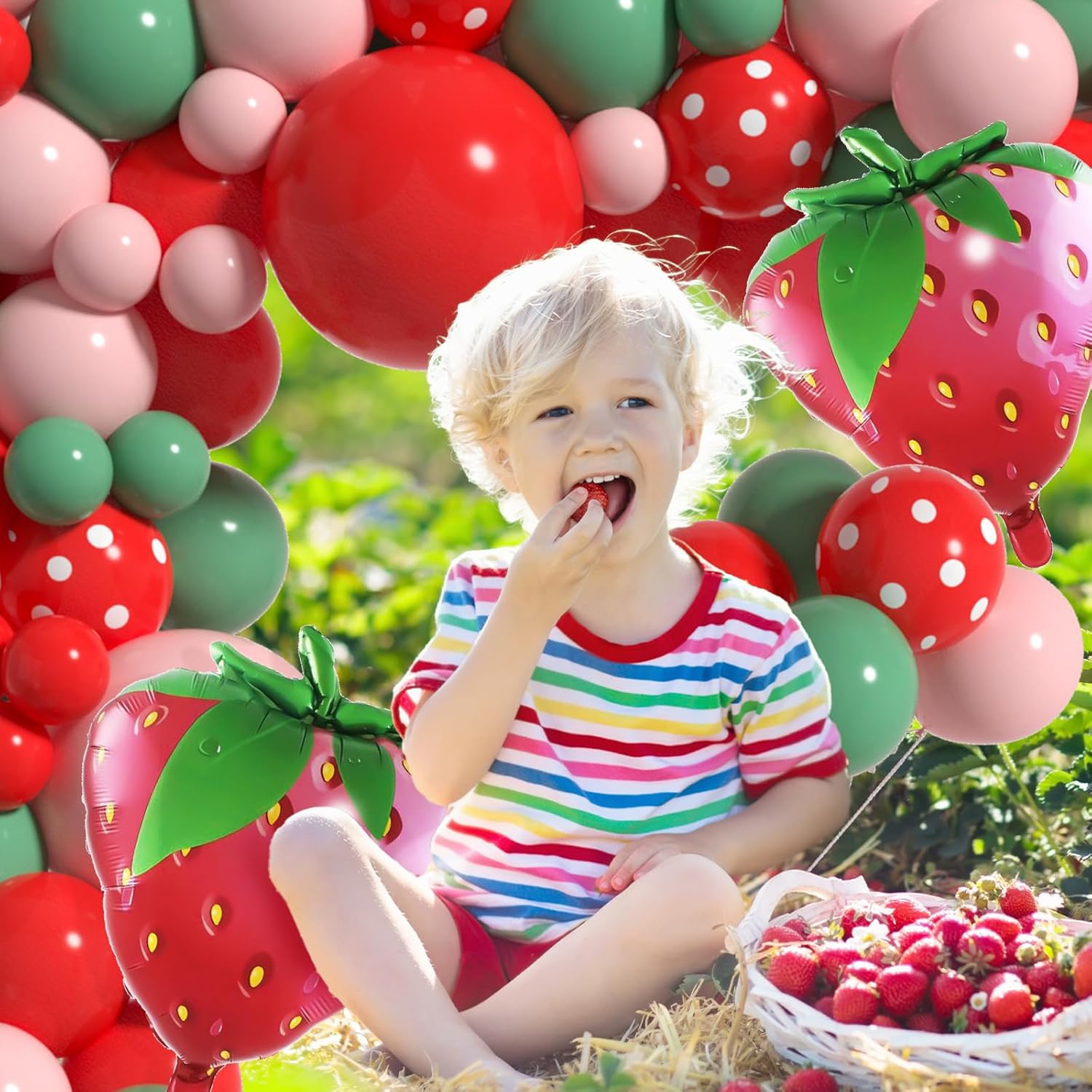 Kit de arco de globos de fresa, decoración de fiesta de cumpleaños con diseño de frutos rojos, rosa, salvia, verde, lunares, guirnalda de baby