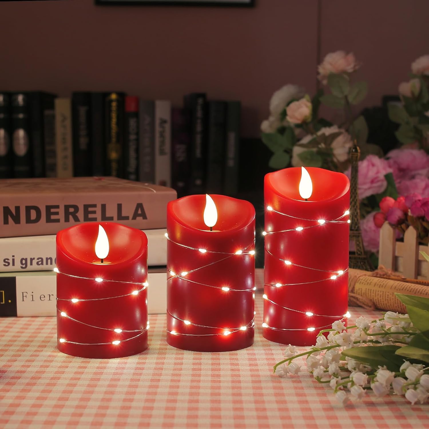 Vela sin llama recargable con cadena de velas LED con fuente de alimentación USB, control remoto, vela electrónica, luz intermitente, juego de 3
