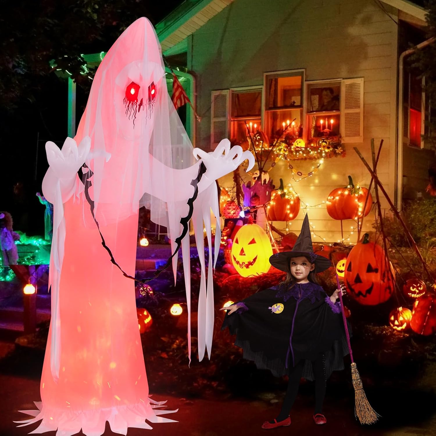 Tangkula Fantasma inflable de Halloween de 8 pies, novia fantasma inquietante inflable con luz LED de llama, decoración de vacaciones al aire libre