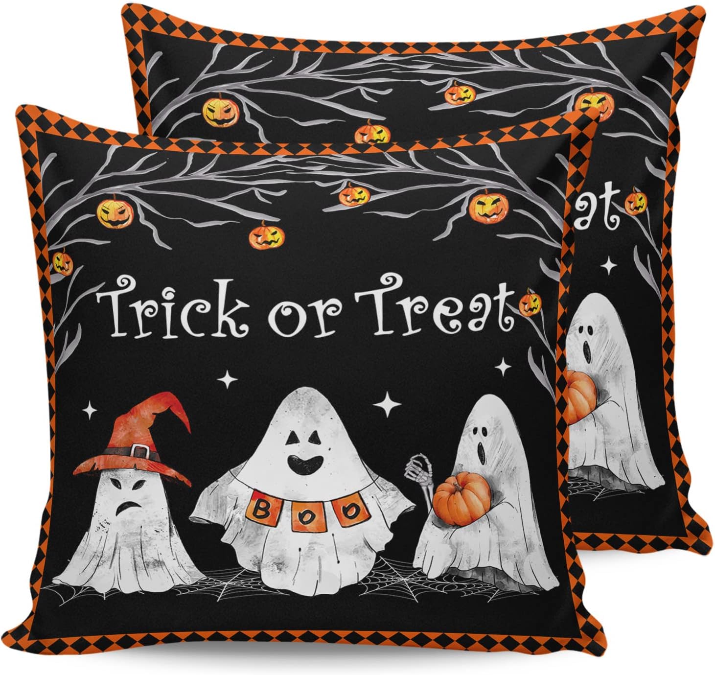 Fundas de almohada impermeables para exteriores, 16 x 16 pulgadas, diseño de fantasma y calabaza, sombrero de bruja, fundas de cojín decorativas