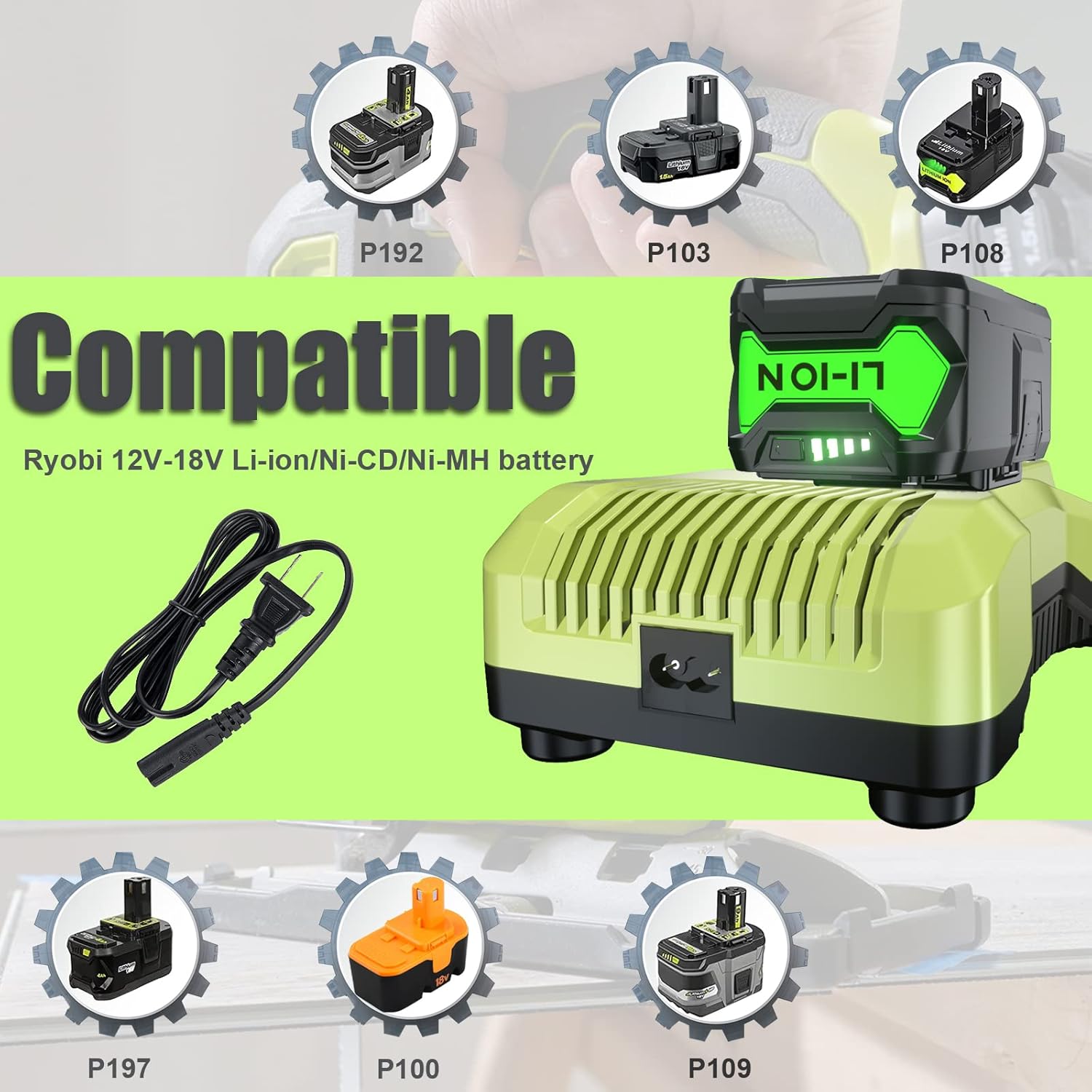 Batería y cargador actualizado de 7000 mAh P108 de 18 V y cargador para batería Ryobi de 18 V y cargador P117 compatible con Ryobi 18V ONE + P108