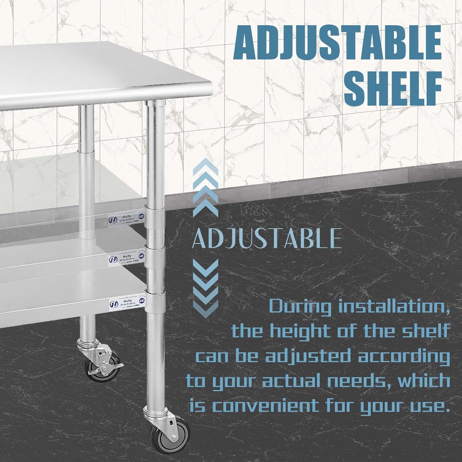 Hally – Mesa de acero inoxidable para preparación y trabajo, 30 x 60 pulgadas, con ruedas giratorias, mesa comercial resistente NSF con estante