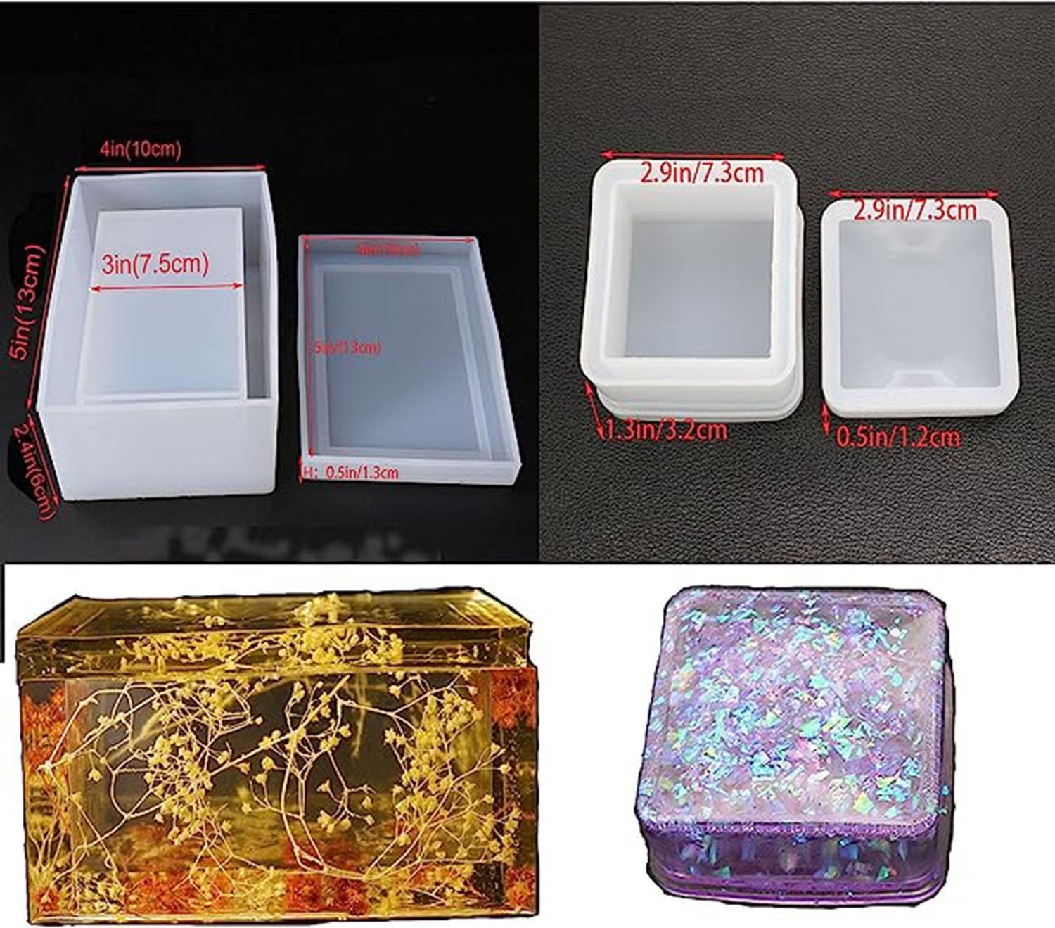 Juego de 2 moldes de resina para joyero, 1 caja rectangular de silicona (5 x 4 x 2.4 pulgadas) y 1 molde de caja de cuadrados pequeños (2.9 x 2.9 x