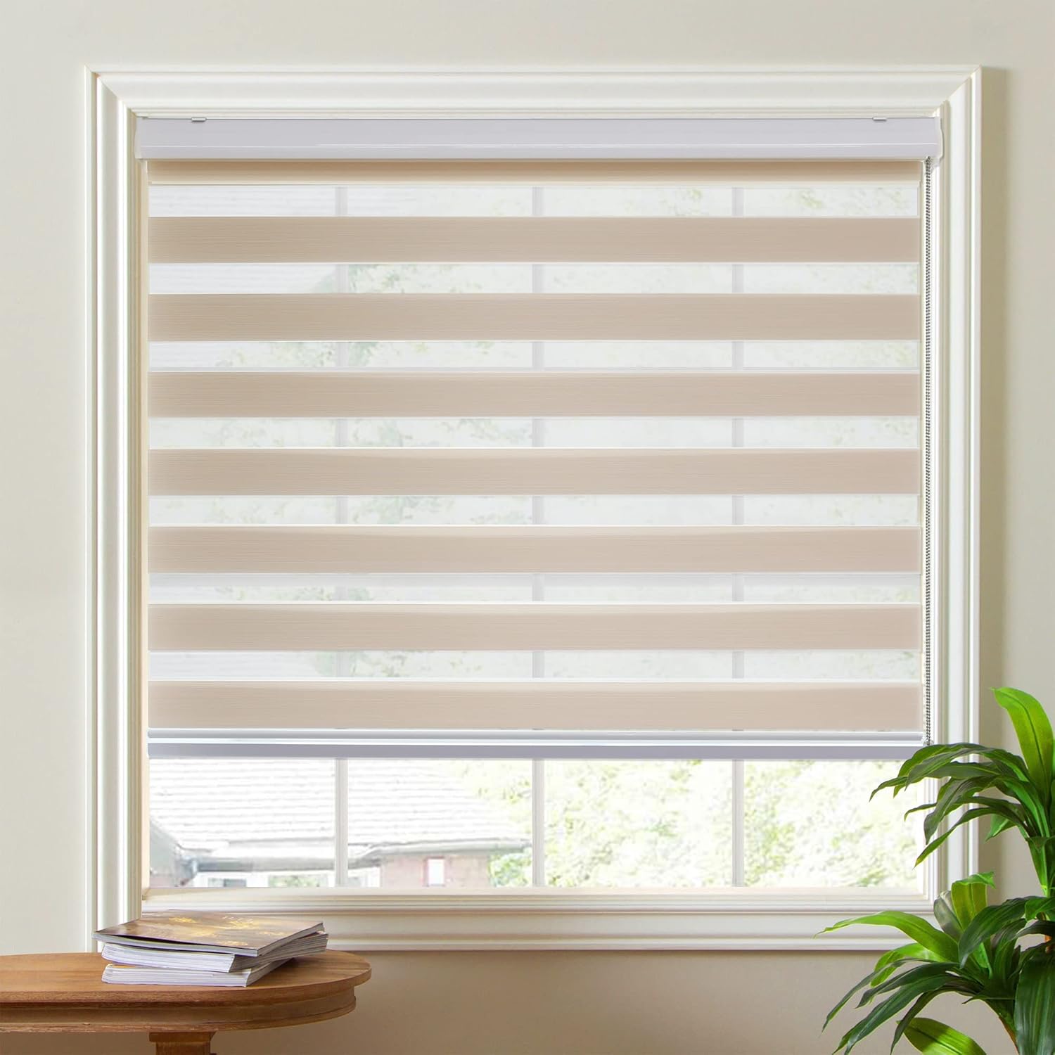 SHECUTE Persianas enrollables Zebra para ventanas, 58 x 72 pulgadas, color beige, filtran la luz, oscurecimiento de la habitación, 50 % opacas, para