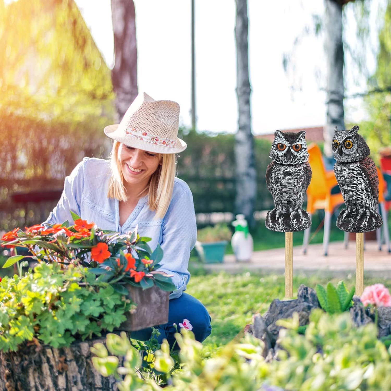 Paquete de 2 señuelos falsos de búho para asustar a las aves lejos de jardines y patios, disuasorios de pájaros de búho de cabeza giratoria,